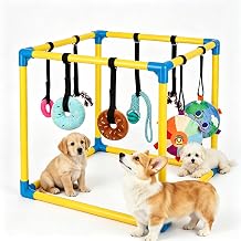 Speedy Panther Puppy Play Gym with 8 Hanging Interactive Toys, 4 Squeaky Plush, 2 Rope Toys, Rubber Chew and Treat Dispenser Ball, Indoor Jungle Gym for Small Dogs, PVC Frame, 50x50x50cm