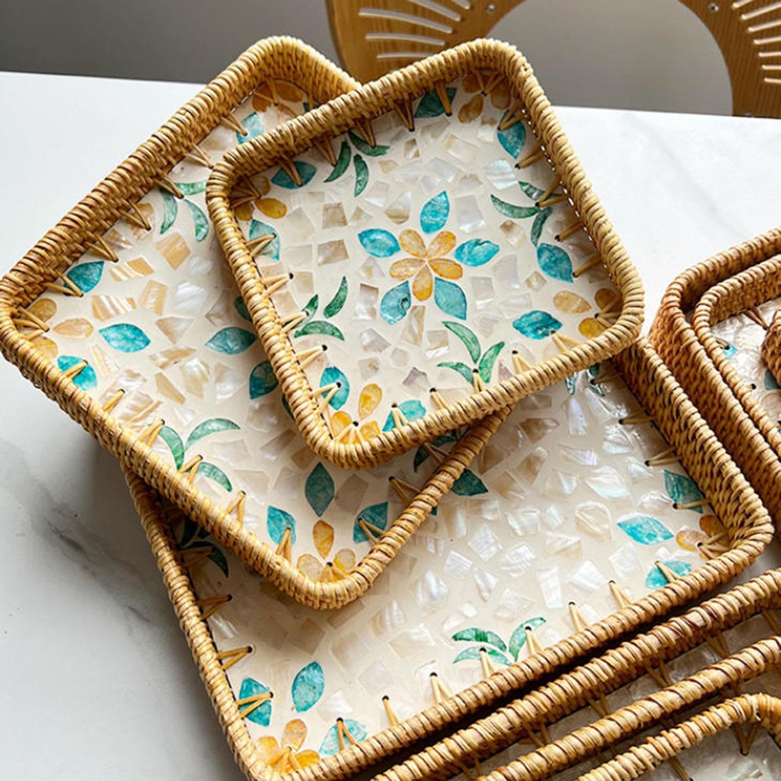 3Pcs Square Rattan Tray with Mother of Pearl Inlay,