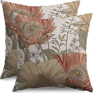 Vintage Floral Pillow Covers 18x18 Inch Set of 2, Brown Rust Colored Flo...