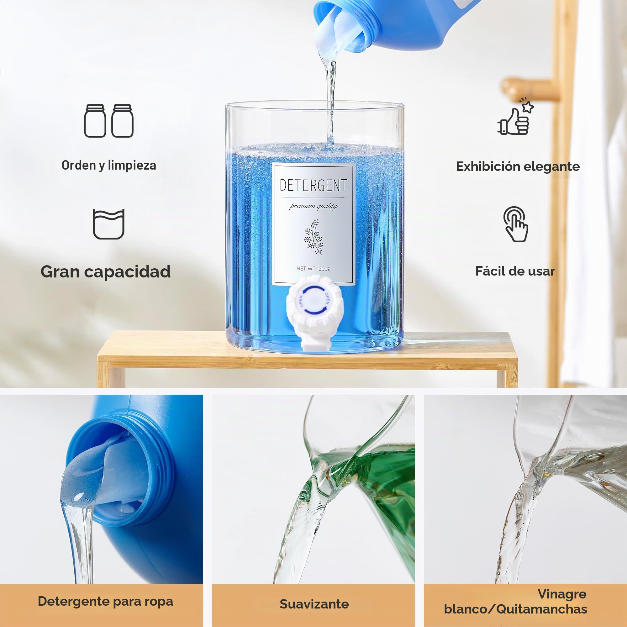 Dispensador de detergente de vidrio para ropa con estante y tapa de bambú, detergente líquido de 3,5 litros, dispensador de jabón para ropa y suavizante de tela para organización y almacenamiento del