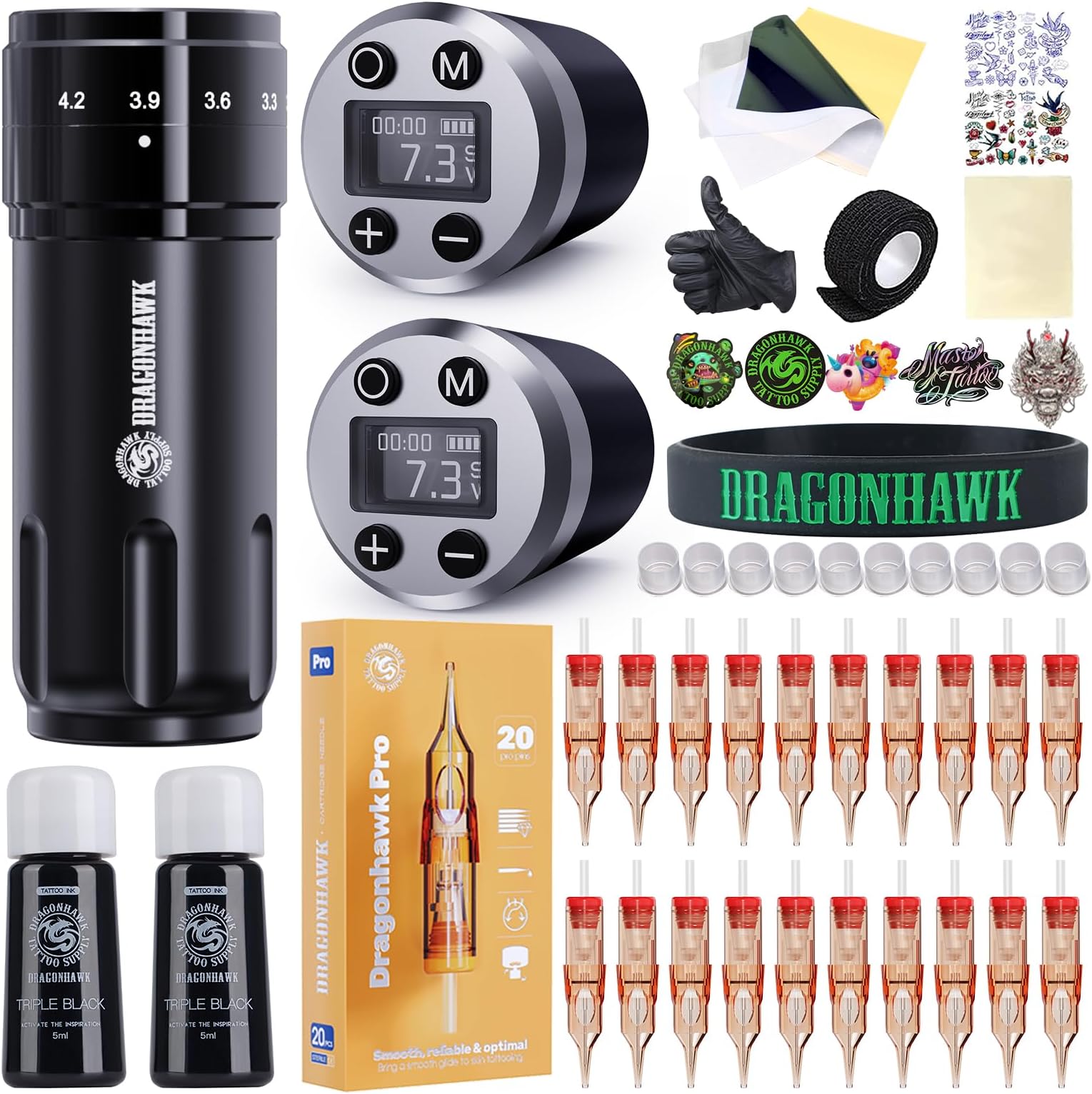 Wireless Tattoo Gun Kit 7 Adjustable Strokes 2.4-4.2mm Cartridge Pen Machine One-Touch Liner & Shader Switch 2x 1500mAh Batteries Complete Supplies for Beginners