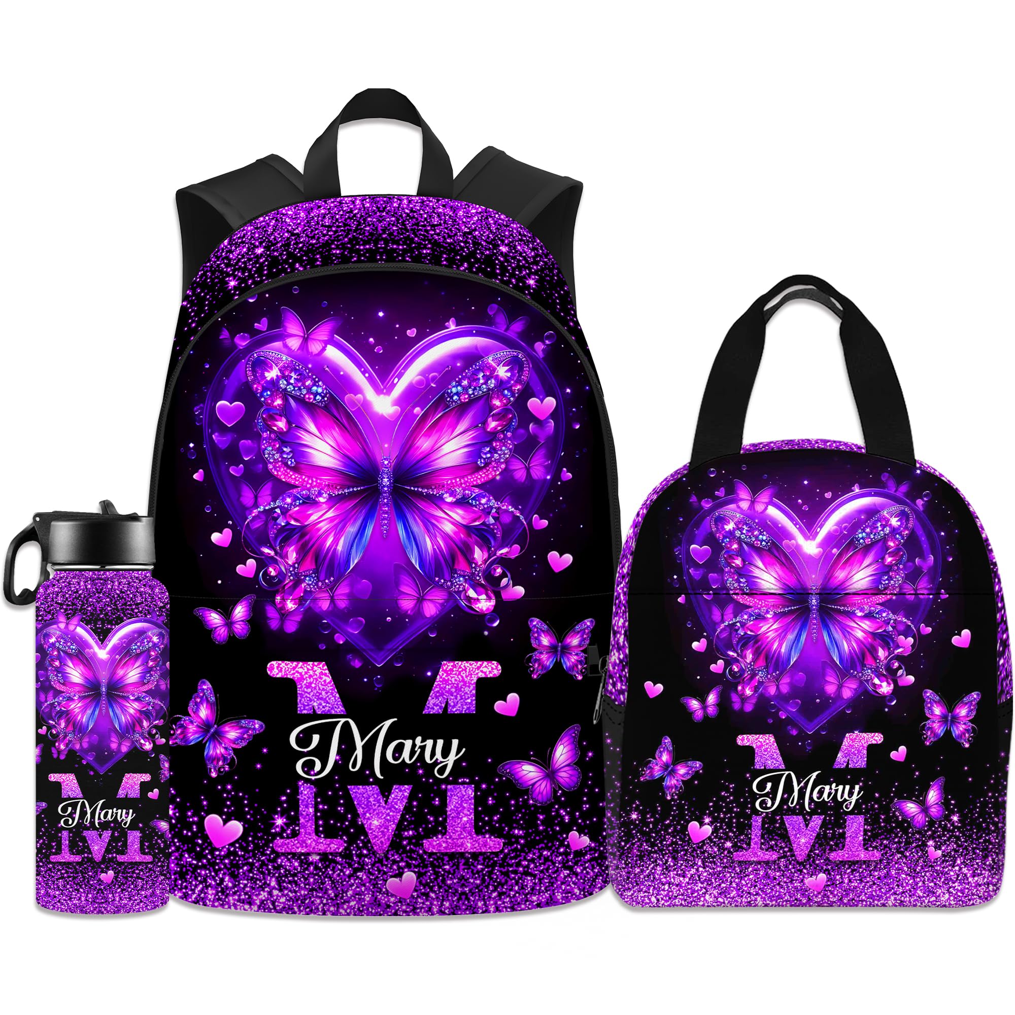 M YESCUSTOM Custom Butterfly Backpacks for Girls Boys Kids Personalized Name Backpack with Lunch Box, 18OZ Insulated Water Bottle Back to School Gifts