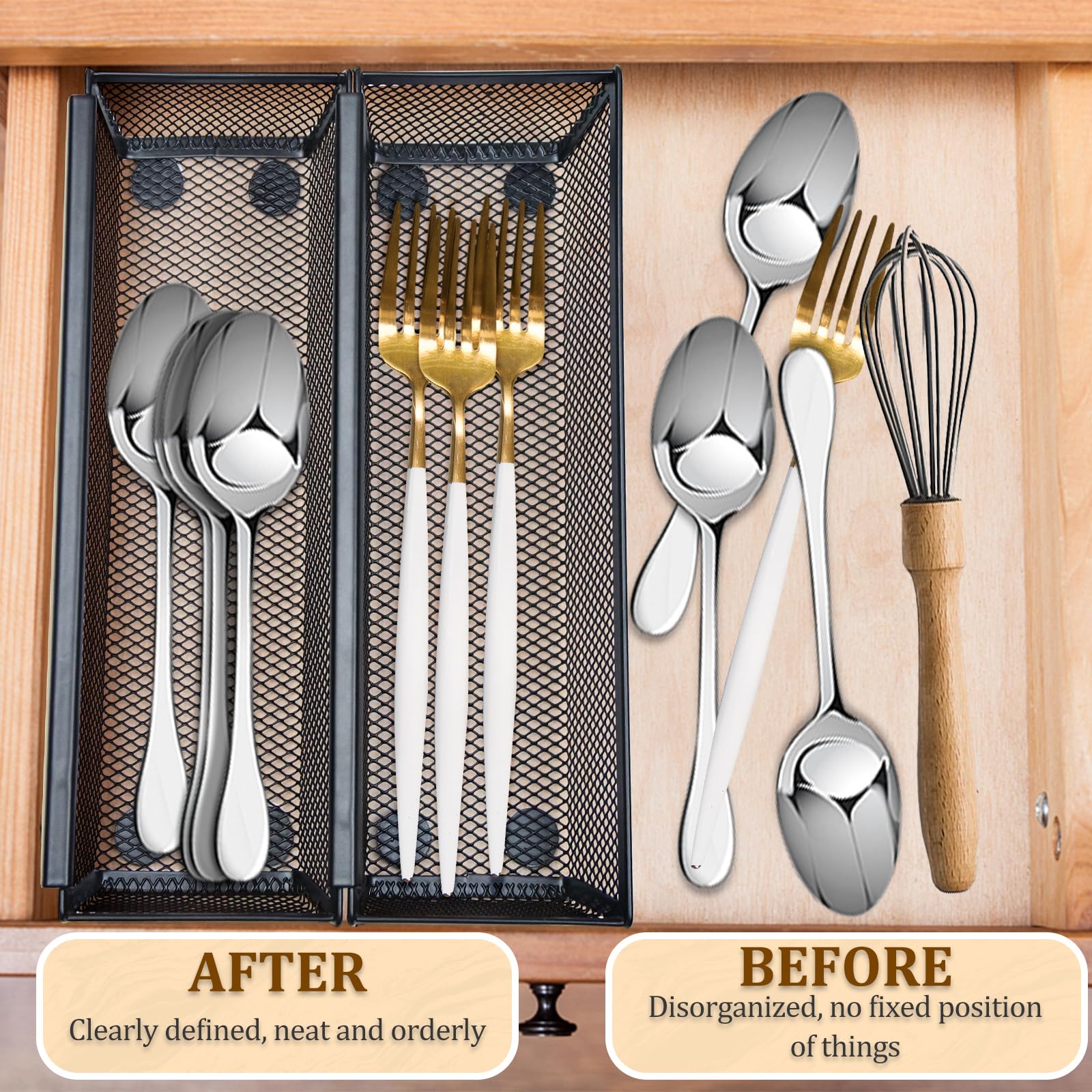 Fodofodo 2PCS Drawer Organizer, Mesh Drawer Organizer with Interlocking Arm for Utensil, Cosmetic, Flatware, Pen (9 * 3 * 2 Inches, Black)