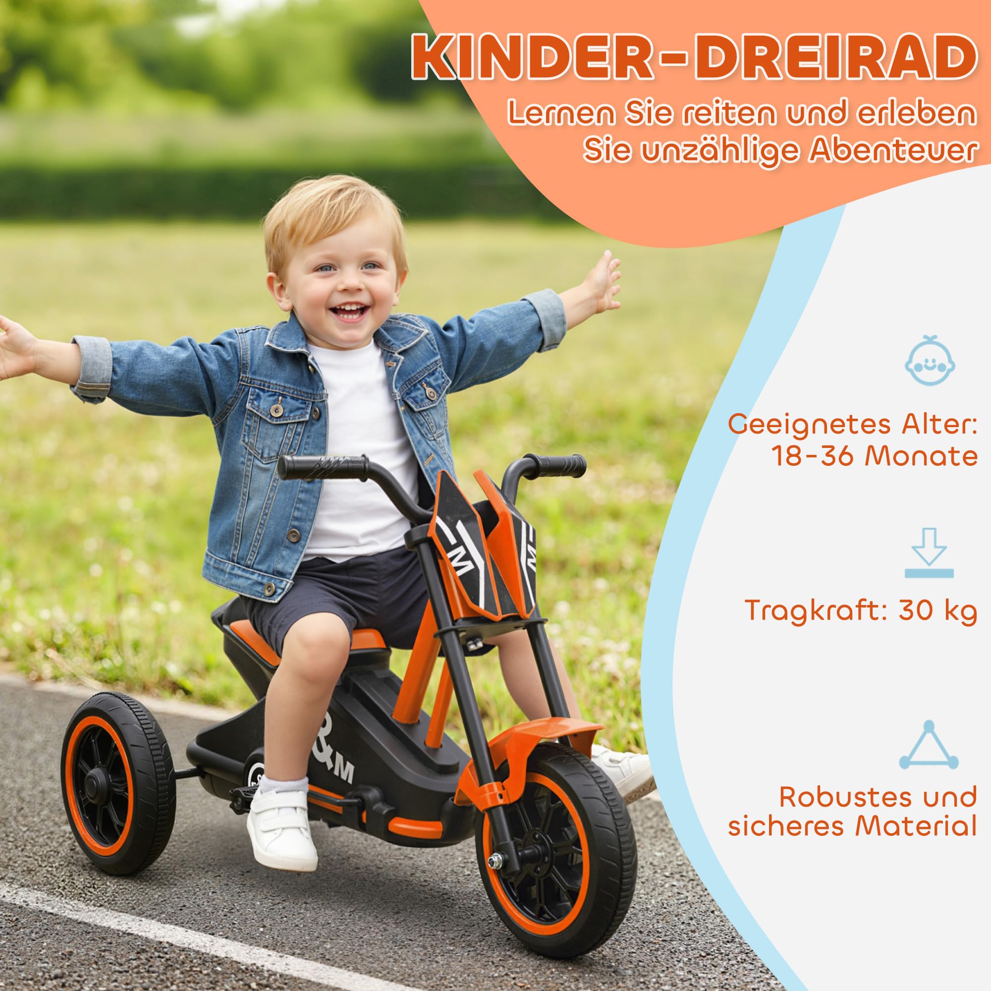 AIYAPLAY Dreirad, Kinderfahrrad, Laufrad, Kinderrad mit Pedal, Lauffahrrad für Kinder 18-36 Monaten, für den Innen- und Außenbereich, Stahl, Orange