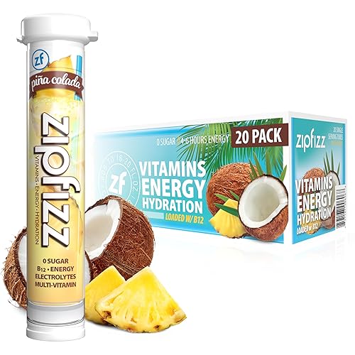 Zipfizz Daily Energy Drink Powder, Pina Colada, 20 Pack | 3-in-1 Sustained Energy, Rapid Hydration, and Essential Vitamins | Sugar-Free | Electrolyte Powder | Contains Vitamin B-12 & Antioxidants - Pina Colada - 0.39 Ounce (Pack of 20)