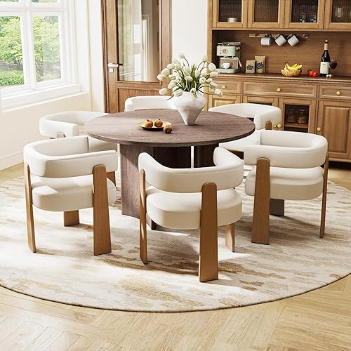 Miniatura 3 de Juego de 6 sillas de comedor tapizadas de terciopelo blanco, sillones de acento tipo barril bohemios modernos, asiento grueso acolchado y patas de