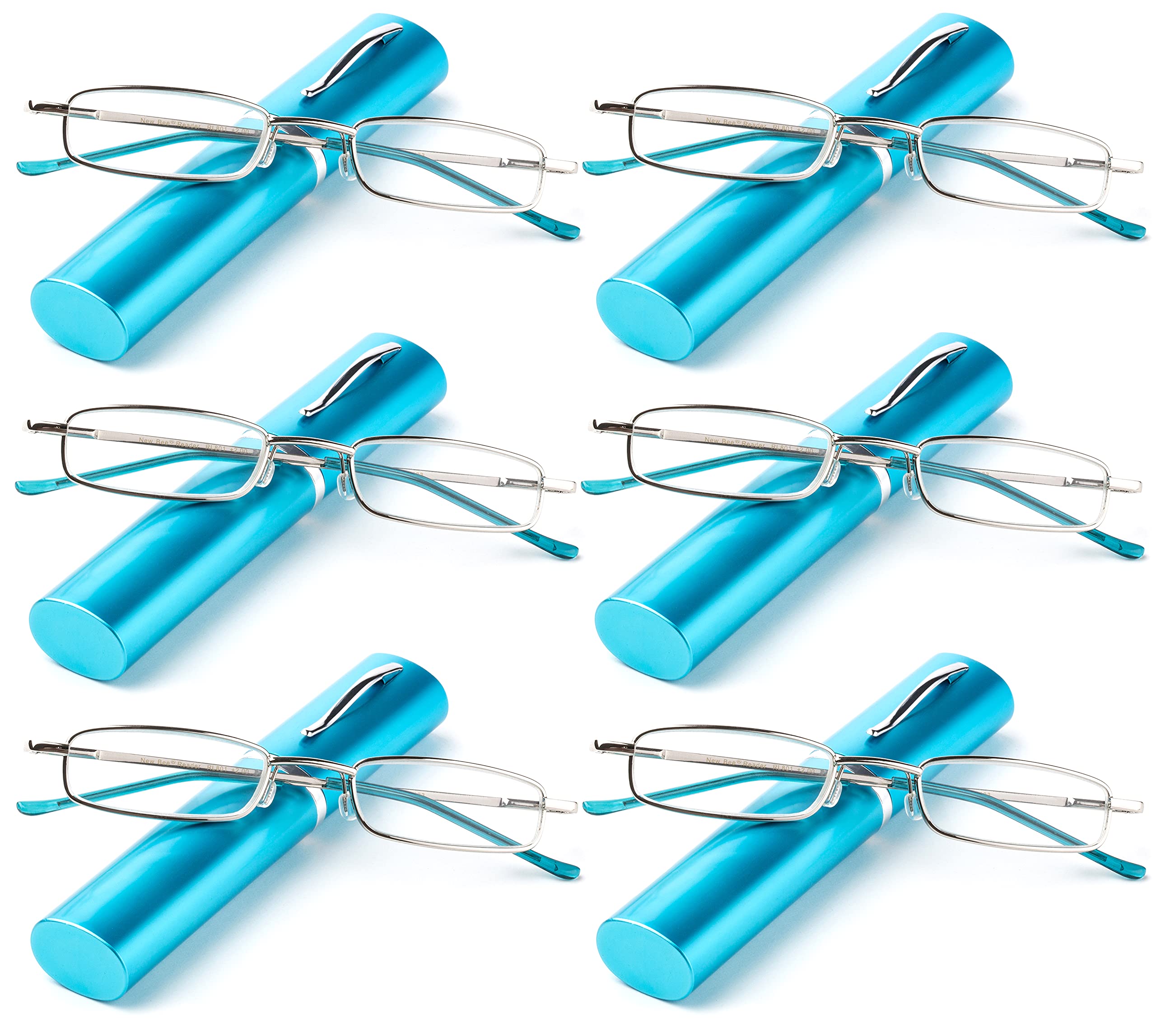 6 Packs Newbee Fashion Tube Spring Temple Reading Glasses in Aluminum Case Soft Blue 2 75