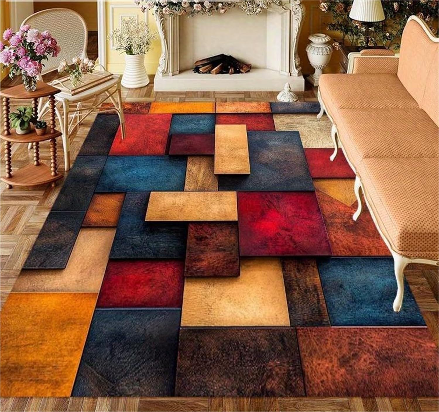 Kuluoits Geometric Rug for Bedrooms, 120x180cm Vintage Pastoral Style Brown and Rust-Colored Large Area Indoor Rugs, Soft, Non-Slip, Low-Pile, Non-Shedding Carpet for Living Room, Bedroom, Kitchen