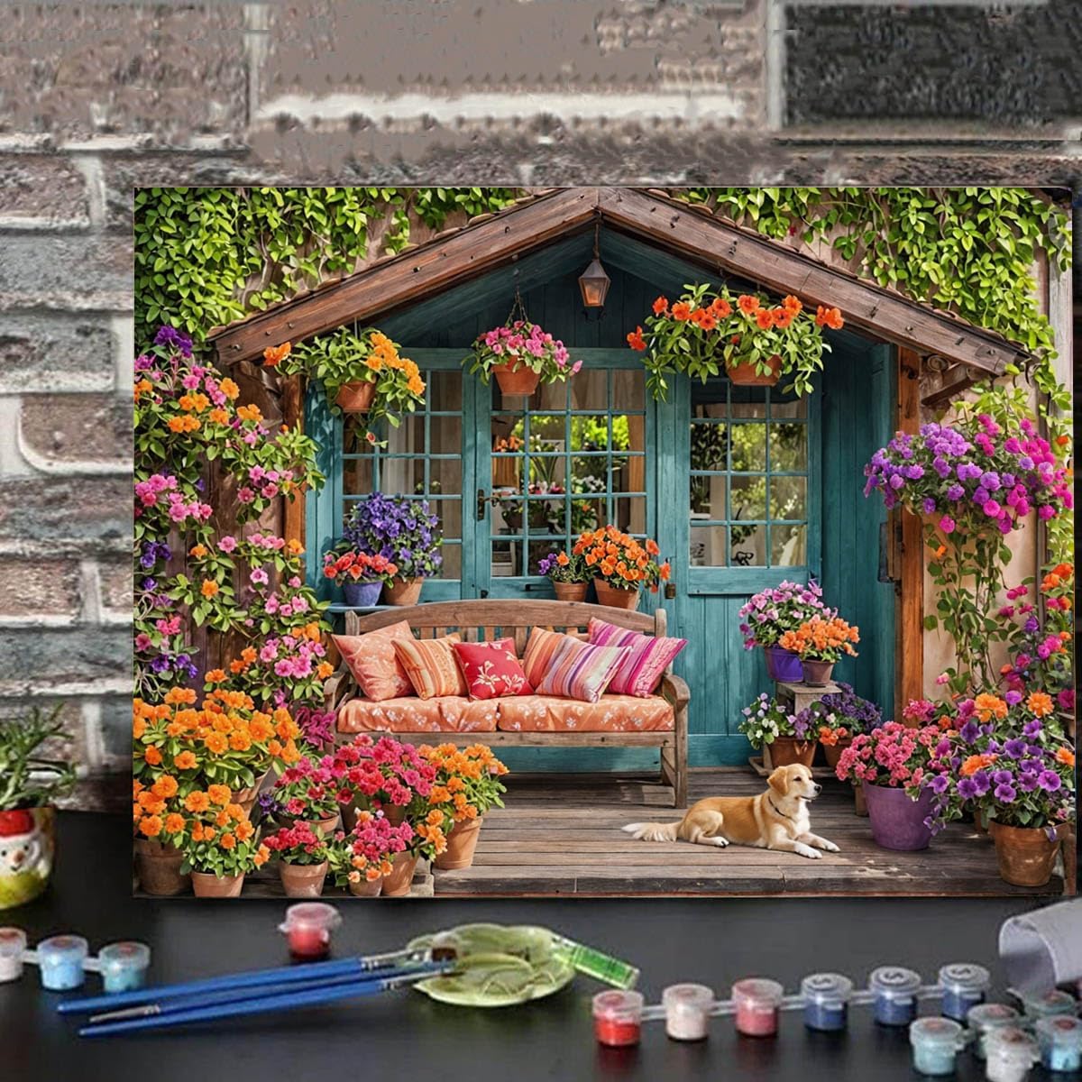 Flower House Paint by Numbers Kit for Adults Garden Adult Paint by Number Kits On Canvas Dog Village Oil Painting Kit for Beginners Adults' Paint-by-Number Kits for Gift Home Wall Decor 16x20 Inch