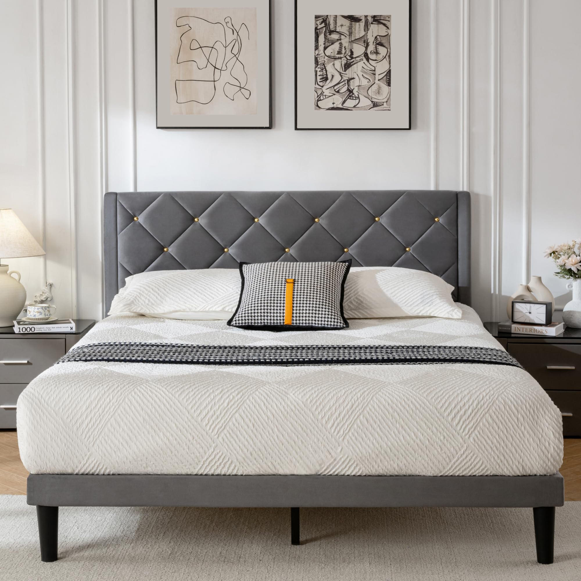 Queen Bed Frame with Headboard, Bed Frame Queen Size with Sturdy Wooden Slats Support, Platform Frame with Velvet Upholstered Headboard, Mattress