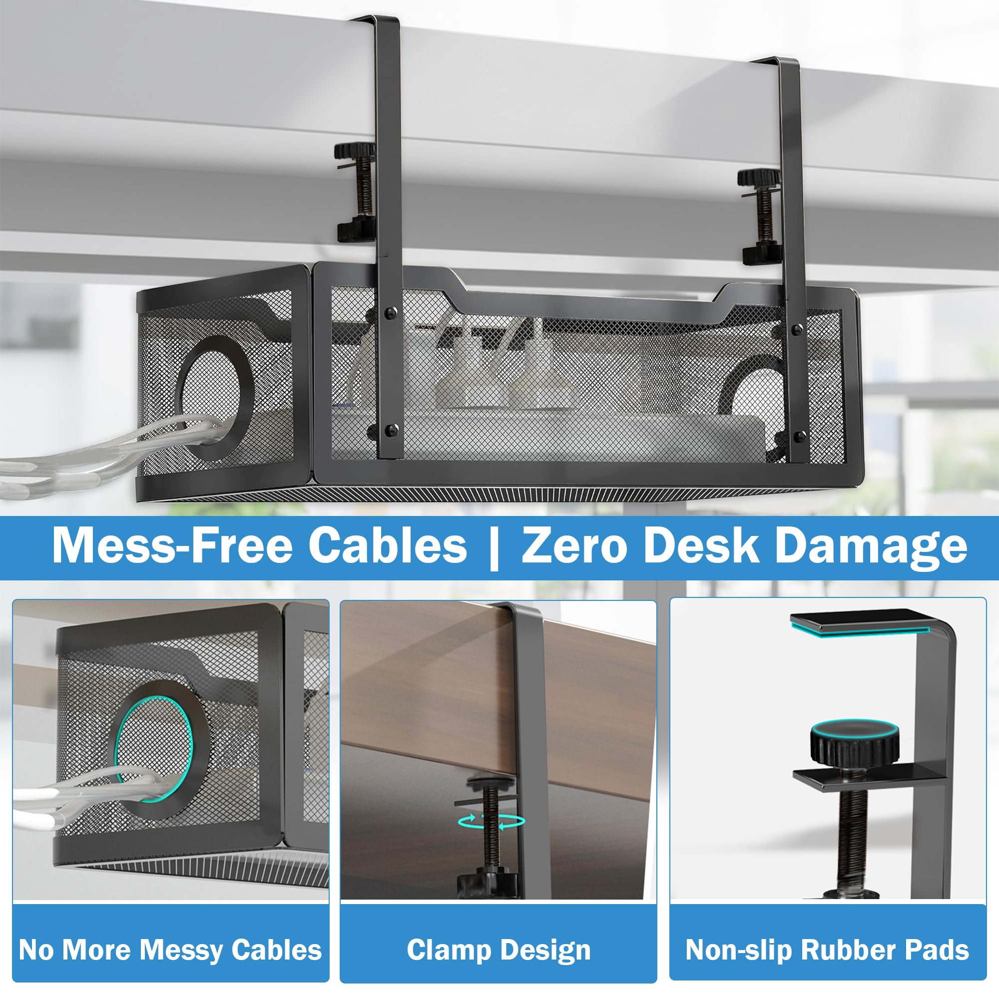 MOREBLUE® Metal Under Desk Cable Tray with Adjustable Clamp & Mobile Stand, Wire Rack for Power Cord, Extension Board & Cable, Includes Cable Holder, Velcro Strips, Screws & Allen Key — Amazon image 6