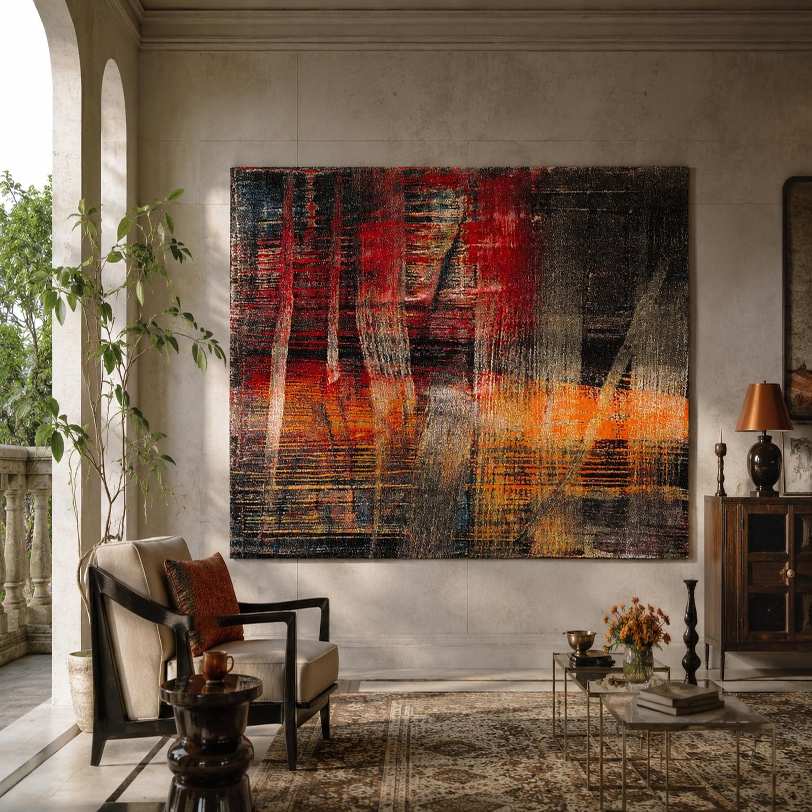Generisch Dywan ścienny, dekoracja ścienna, do sypialni, salonu, 160 x 200 cm, abstrakcyjna czerwień, pomarańczowy, czarny, szary