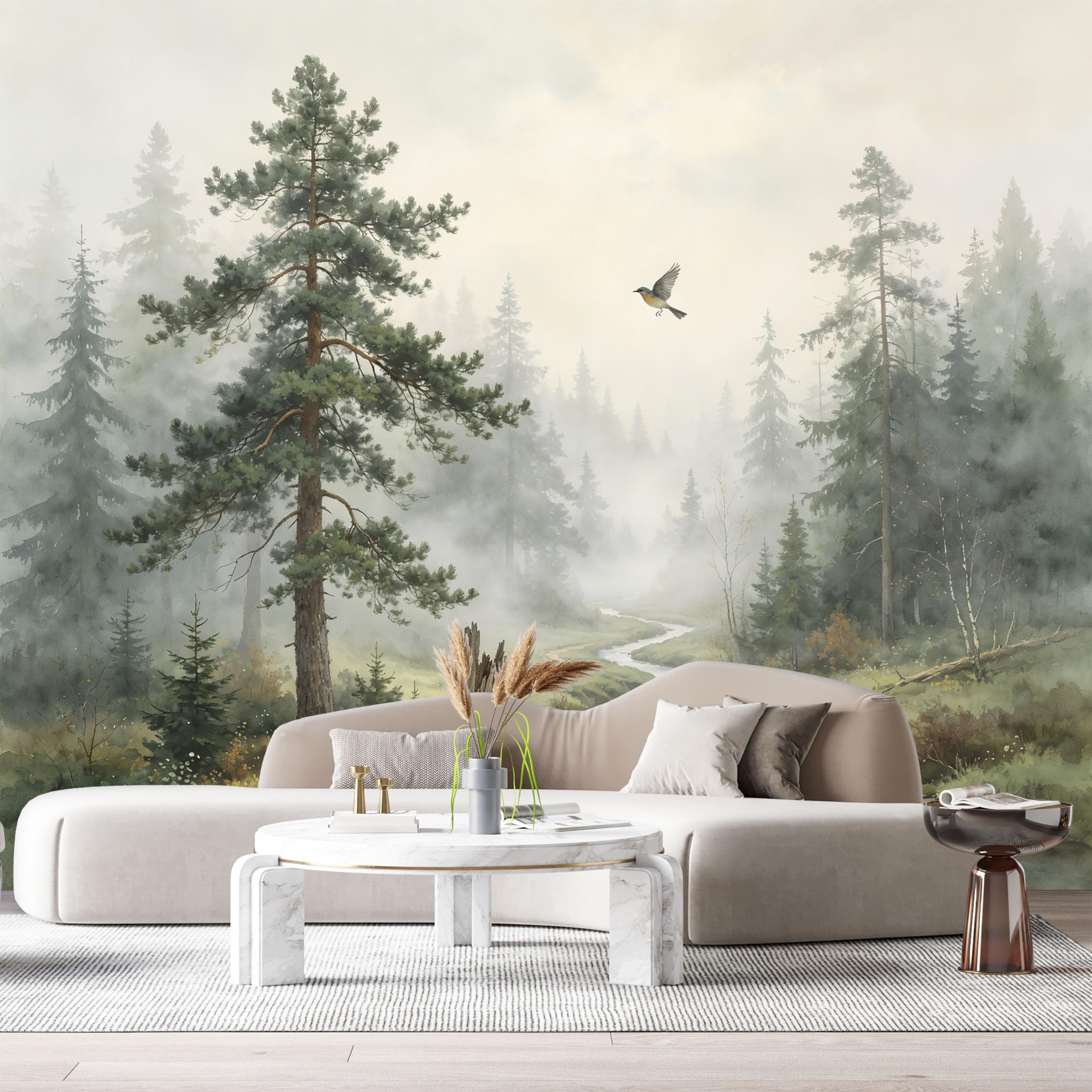 Custom Size Wall Murals Forest Landscape Watercolor Painting Misty Pine Trees Creek SelfAdhesive Wall Fabric Removable Large Wallpaper for Photo Living Room