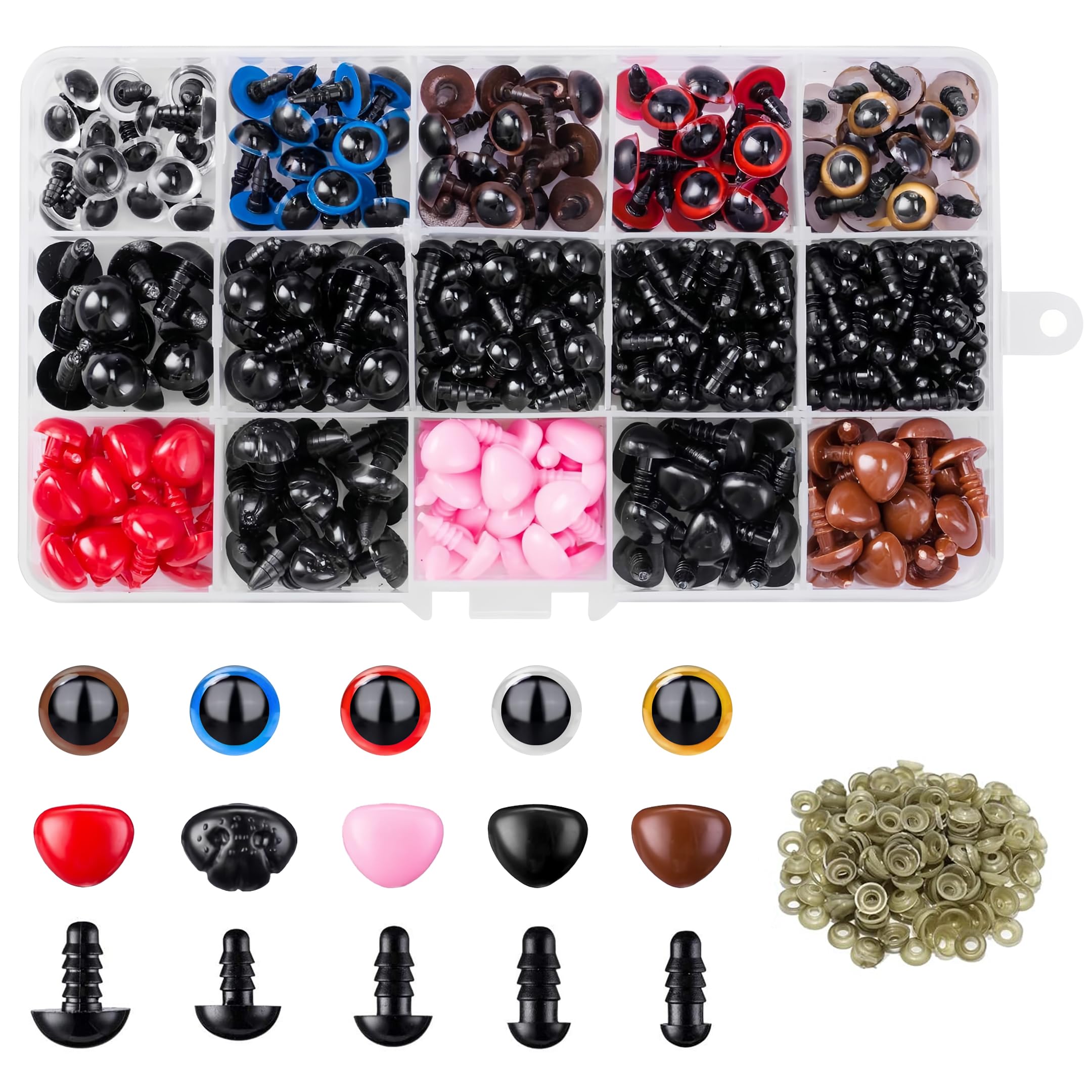 mwellewm 752PCS Safety Eyes Crochet Eyes for Toy Teddy Bear Craft Making, Colorful Plastic Safety Eyes and Noses with Washers 5-12mm Assorted Sizes