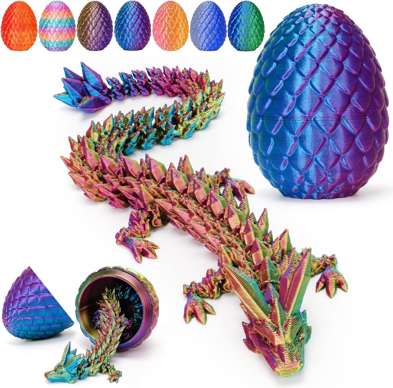 12" 3D Printed Dragon Easter Eggs with Dragon Inside, Prefilled Easter Dragon Egg with Dragon Toy for Basket Stuffers,Articulated Crystal Dragon Fidget Toy, 3D Printed Easter Gifts for Kids 6-8