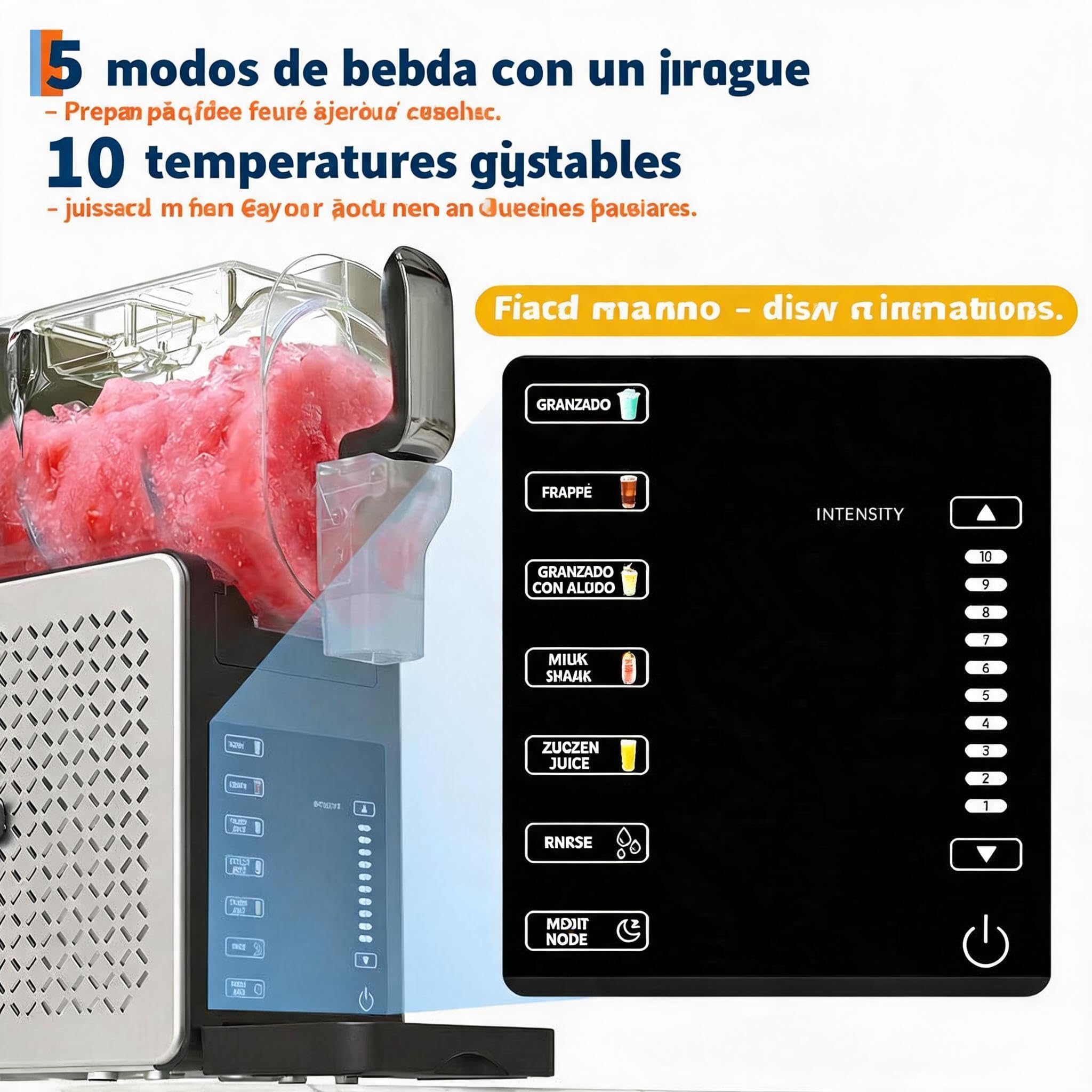 Máquina de granizados 1,9L - 5 programas automáticos - Pantalla LED - 200W, 120V/60Hz - Autolimpieza y bandeja de goteo 400ml - Funcionamiento silencioso (<45dB) - Mantiene bebidas frías hasta