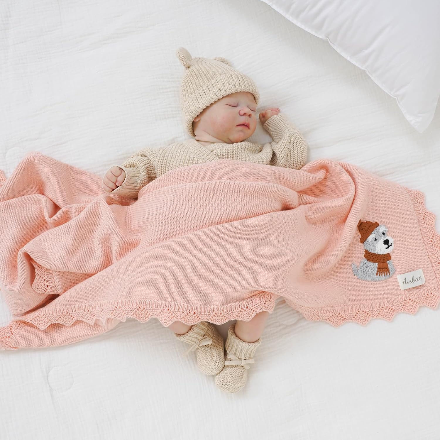 Avibae Cable Knit Baby Blanket, Soft Cotton, 40x30 Inches, Newborn Receiving Blanket for Crib Stroller, Puppy Pattern (Pink, Baby)