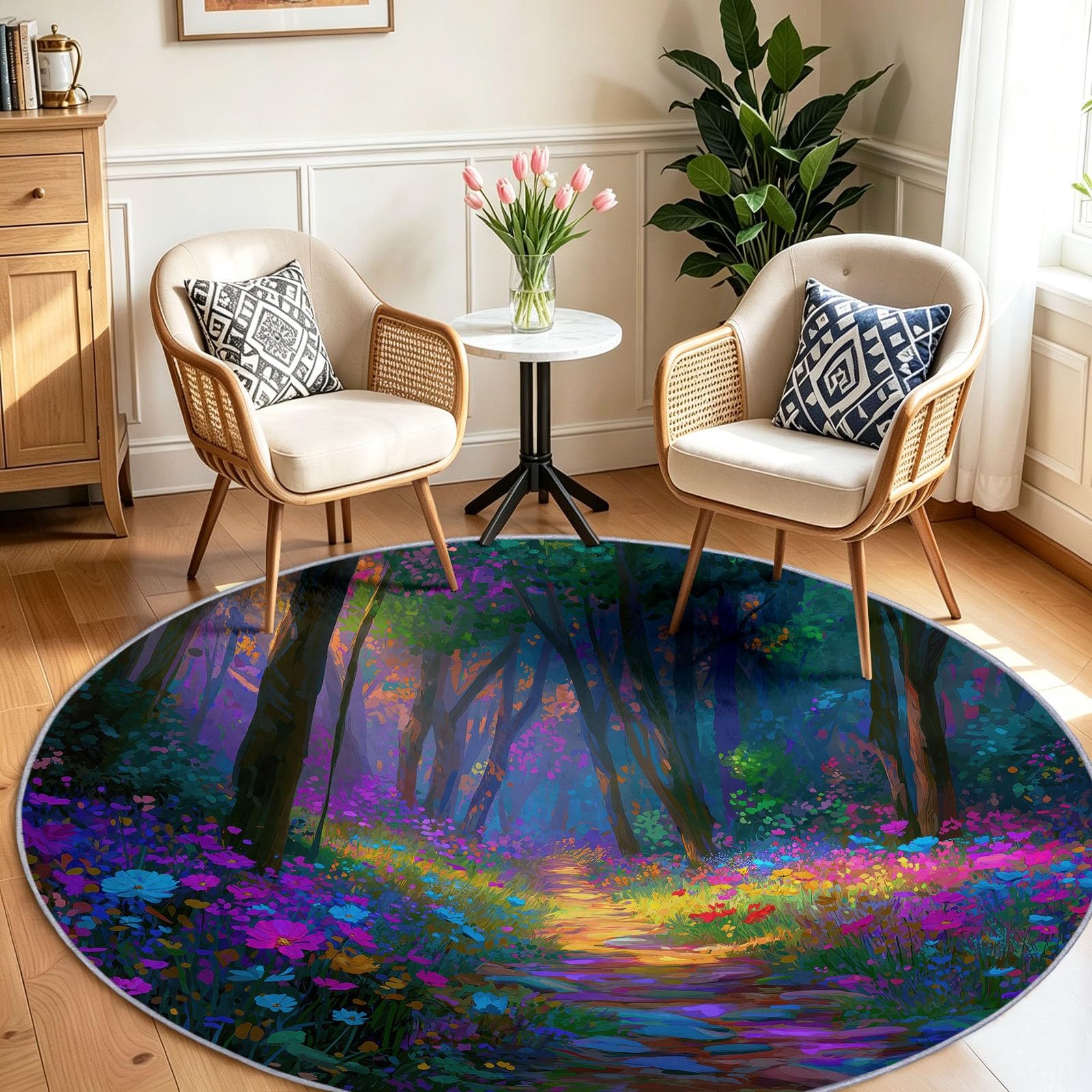 Tappeto rotondo lavabile, 60 cm, motivo foresta sognante, morbido, con stampa di fiori di campo, a pelo corto, antiscivolo, per ingresso, soggiorno, camera da letto, accanto al divano e all'ufficio