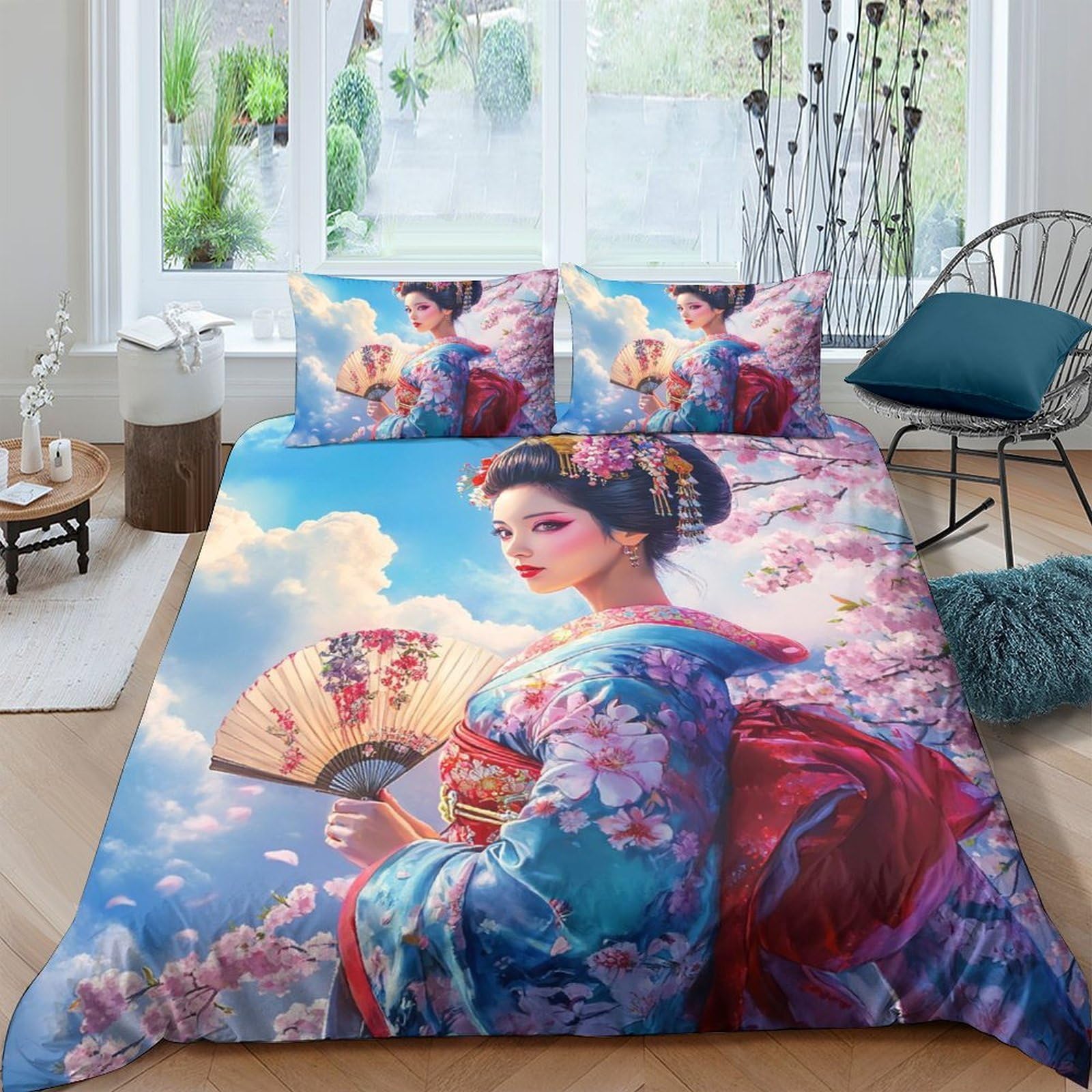 Ctjqhvkz Style-1 3D Printed Japanese Geisha Fitted Sheet Microfiber Soft Breathable Sakura Fan Mattress Cover For Bedroom Dorm Decor Single（135X200cm）