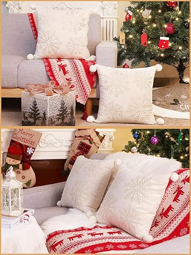 Miniatura 3 de Lewondr Fundas de almohada de Navidad, fundas de almohada con bordado de copo de nieve de 18 x 18 pulgadas, fundas de almohada decorativas doradas