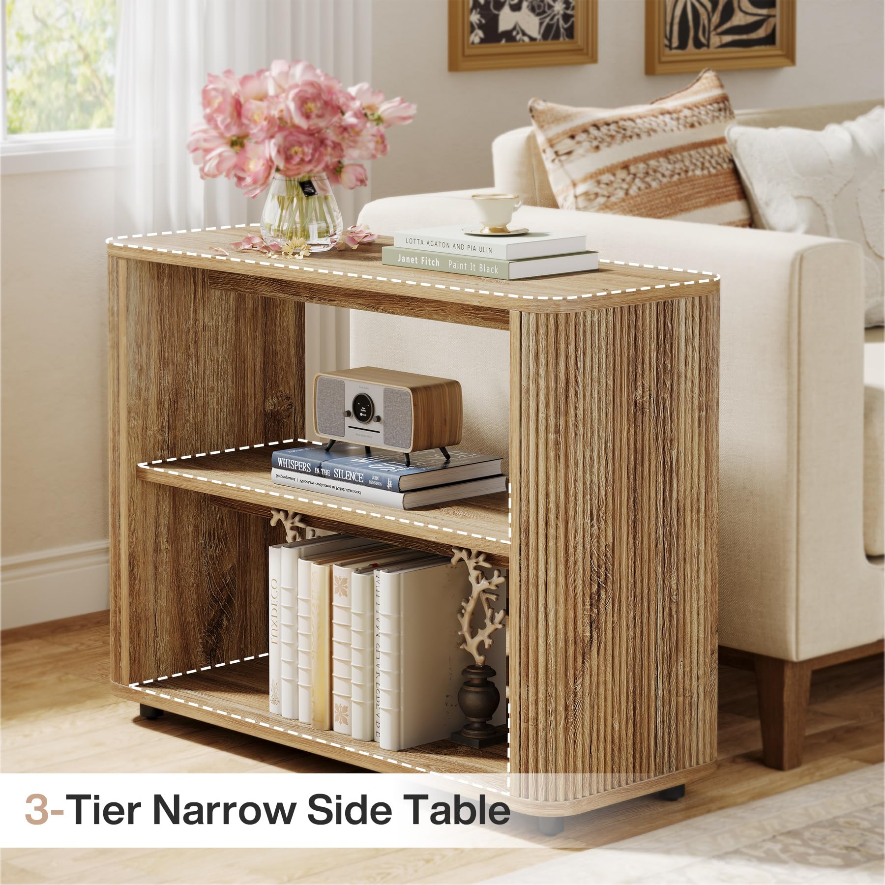 Tribesigns 3-Tier Narrow End Table, Fluted Nightstand, Bedside Table | Storage Shelves, Farmhouse Style, For Living Room, Bedroom, Small Spaces, Sofa Couch, Natural