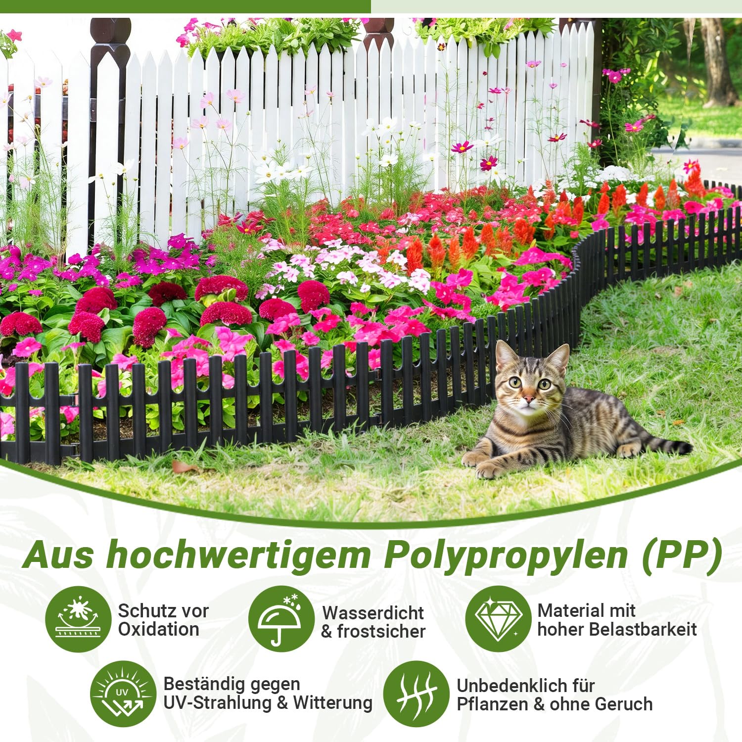 Borde de césped de plástico negro, 10,32 m x 13 cm, juego de 24 cercas con 48 estacas, borde flexible para arriates y fronteras para jardín, césped, parterres y jardín delantero