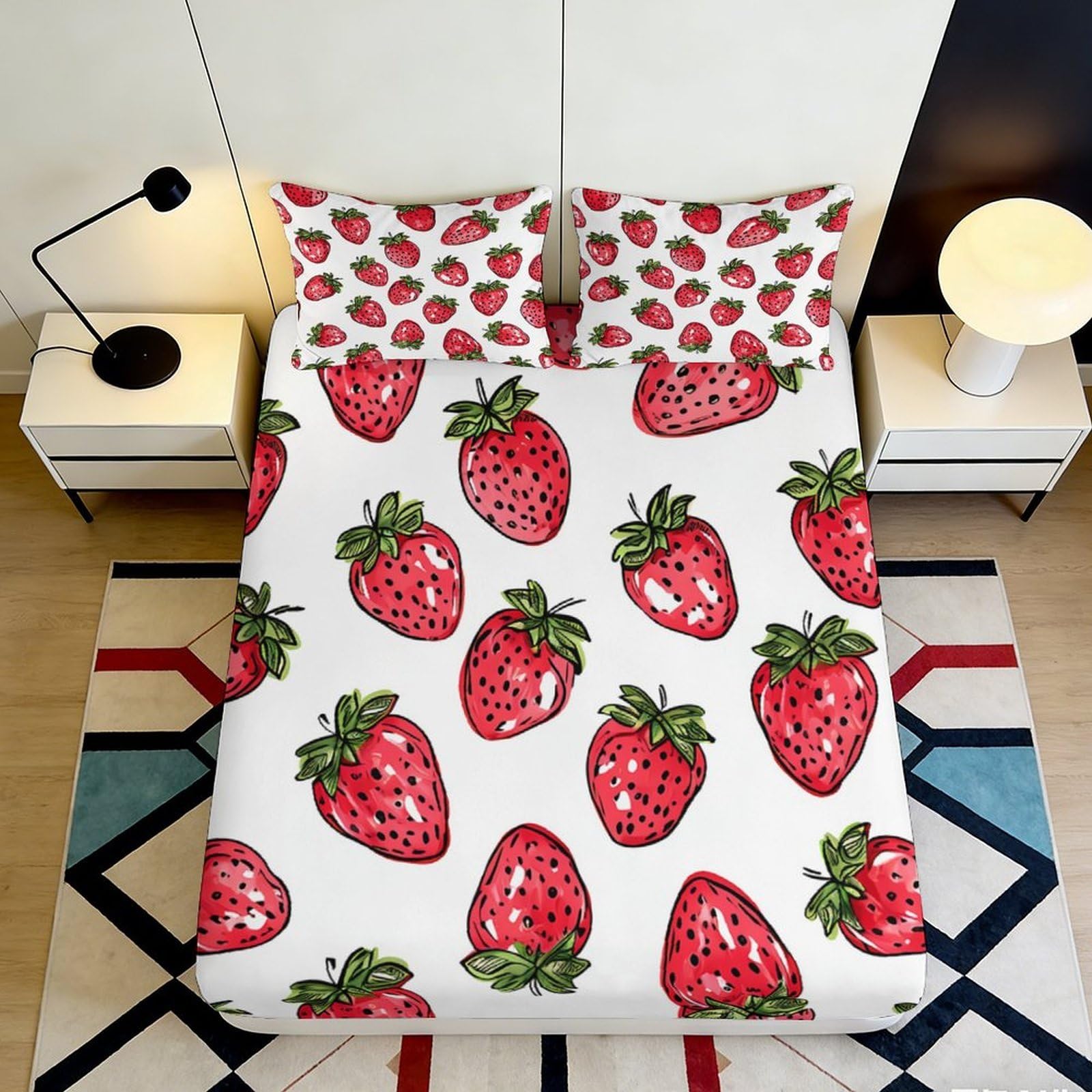 3D Printed Strawberry Pattern Fitted Sheet Microfiber Bed Cover for Bedroom Guest Room Mattress Protection Decor 90x200x25cm