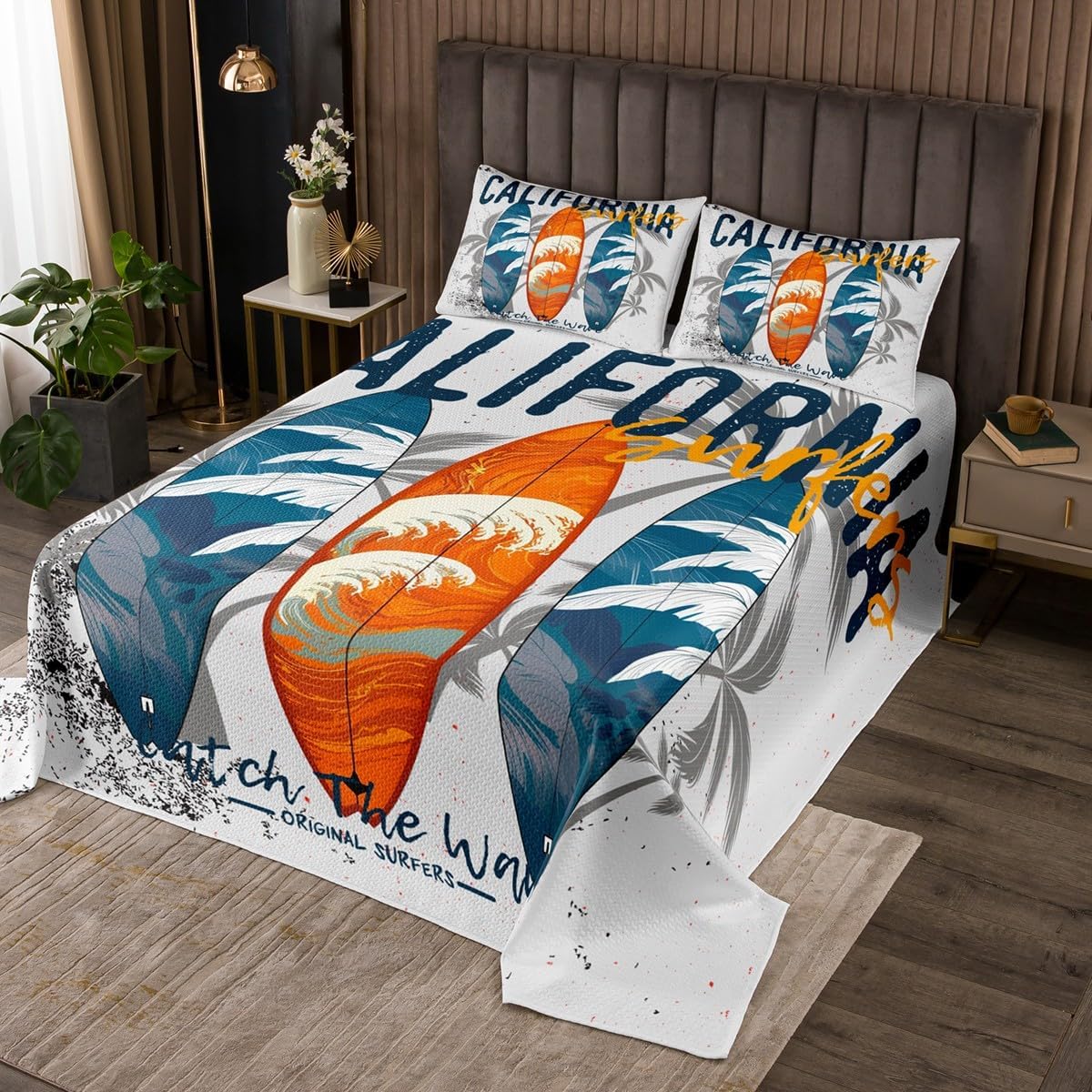 Manfei Kids Surfboard Bedspread Queen Size, Tropical Beach Palm Leaves Coverlet Set 3pcs for Boys Girls Room Decor, Blue Sea Wave Quilted Coverlet with 2 Pillowcases, Soft Polyester Bedding Quilt