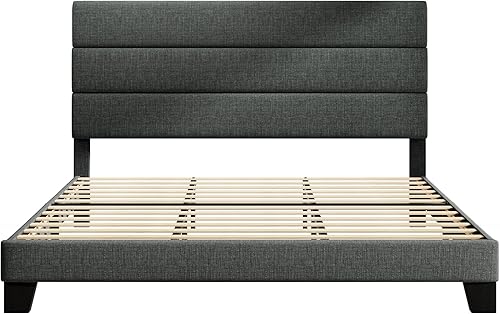 Miniatura 32 de HOOMIC Base de cama de tamaño matrimonial con cabecero, plataforma tapizada de tela con soporte de listones de madera fuerte, base de colchón, no