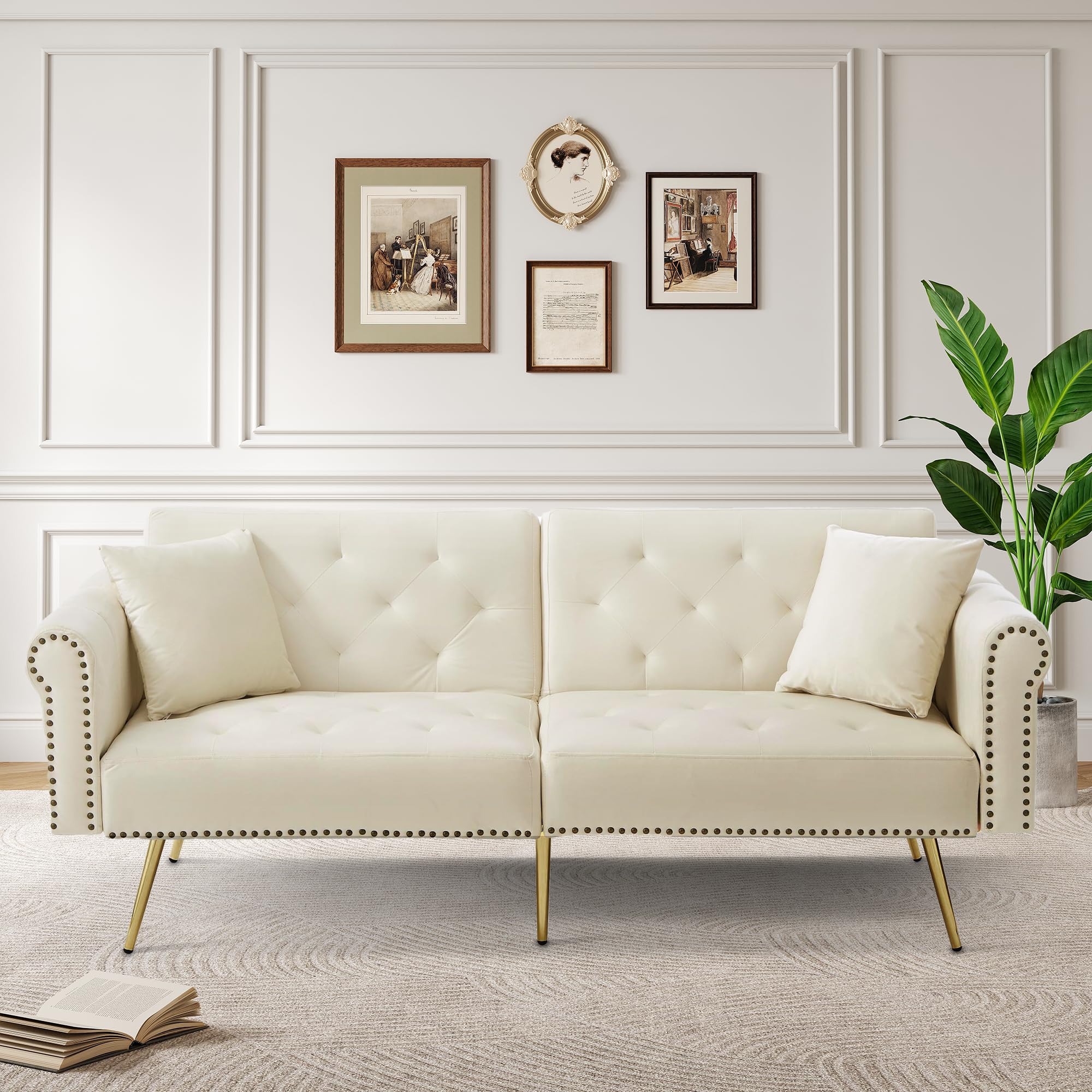 Merax Sofa Bed 2 Seater, 3-Gear Back Angle Adjustable Foldable Futon Sofa Couch, Convertible Sofabed Settee with 2 Bolster Pillows, Curved Rounded Armrests, 177 * 74 * 71cm, White/Velvet — image 1