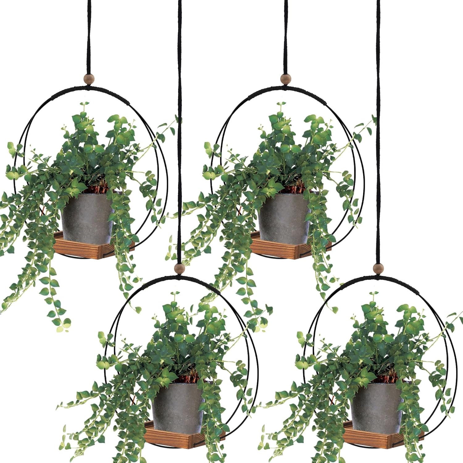 Geelin 4 Pack Plant Hanger with Wood Base Hanging Window Planter Boho Macrame Hanging Potted Plant Holders for Indoor Outdoor Window Wall Ceiling Home Decoration, Pot & Sapling Not Included (Brown)