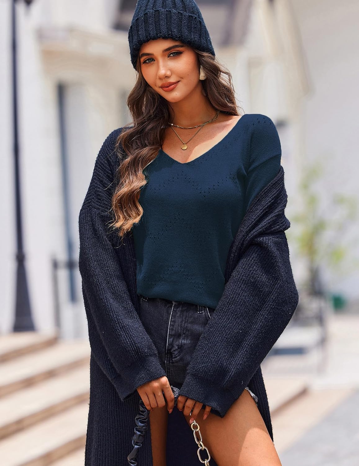 Zeagoo Womens Sweaters Fall Trendy Casual Long Sleeve Shirt Lightweight V Neck Off Shoulder Crochet Pullover Top Outfit - Image 3