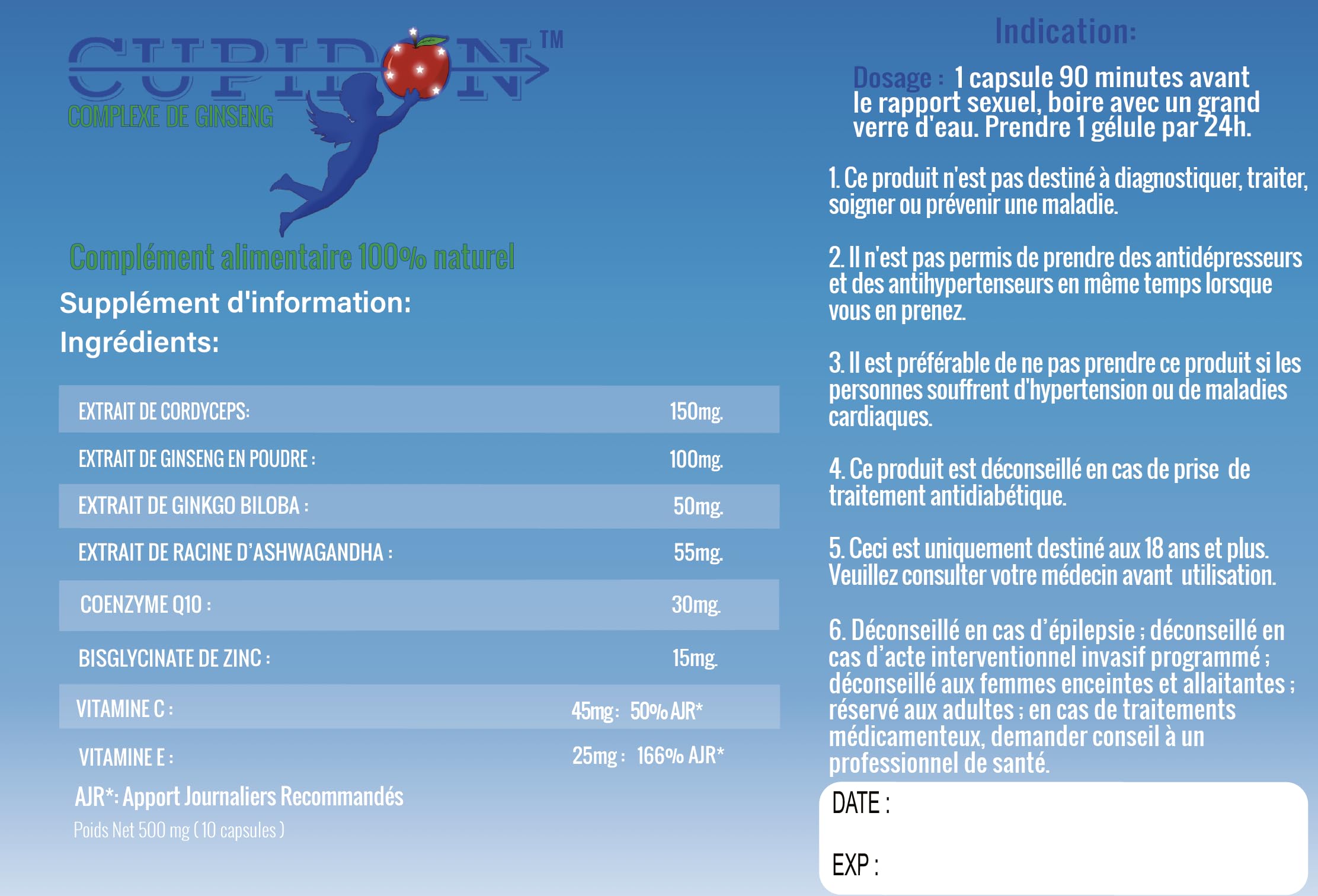 Cupidon Offre 2 boites - Puissant compléments alimentaires naturels au ginseng et cordyceps reservé qu'aux hommes. Energie masculine
