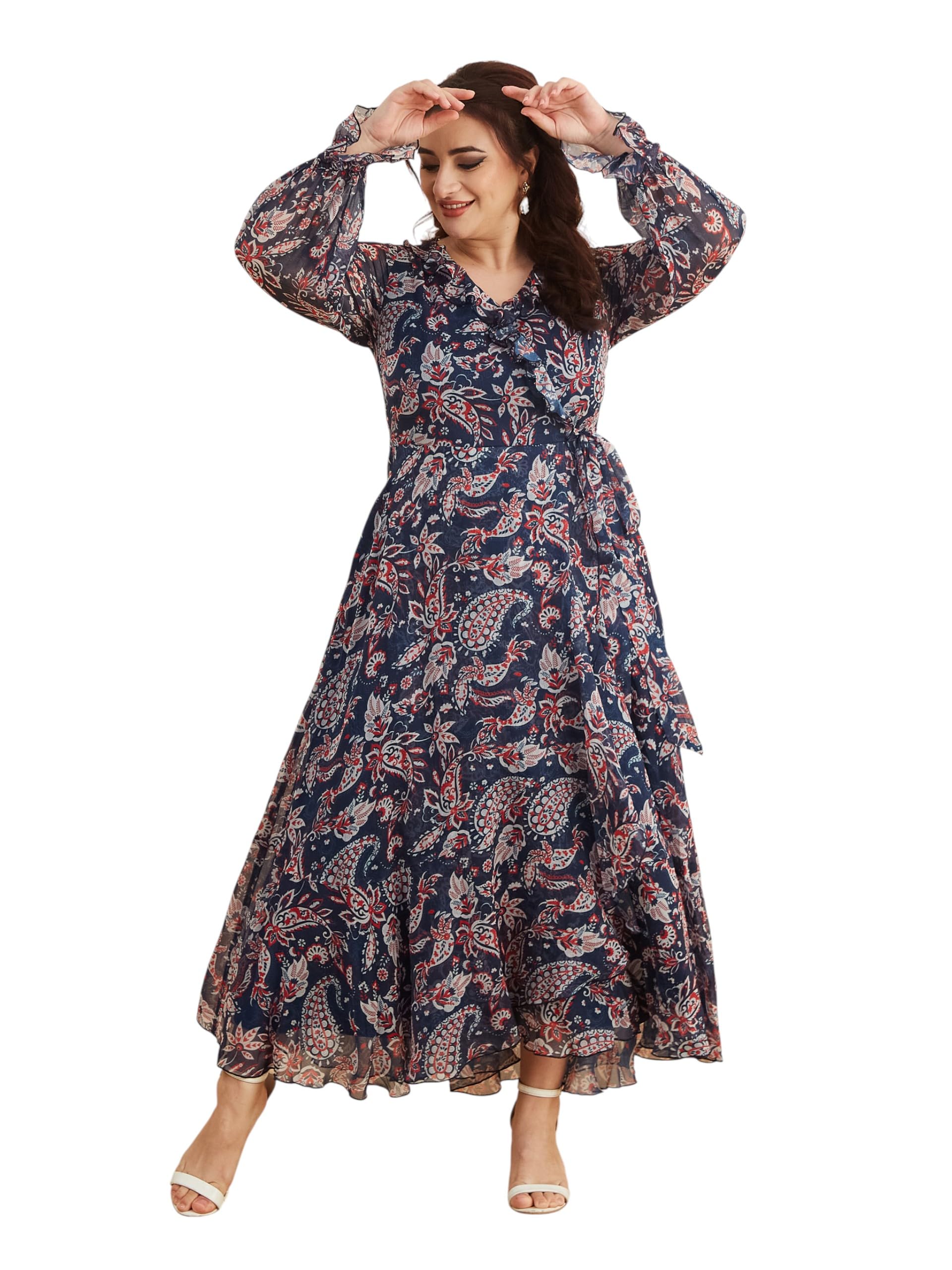 miss chase a+ Women's V Neck Full Sleeves Polyester Relaxed Fit Midi Length Dress-picture-25