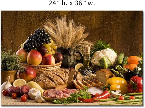 Miniatura 7 de Comida fresca marrón uva fruta de manzana en cesta pan cebolla tomate pimiento dulce coliflor trigo reunido en la mesa arte de pared pintura en