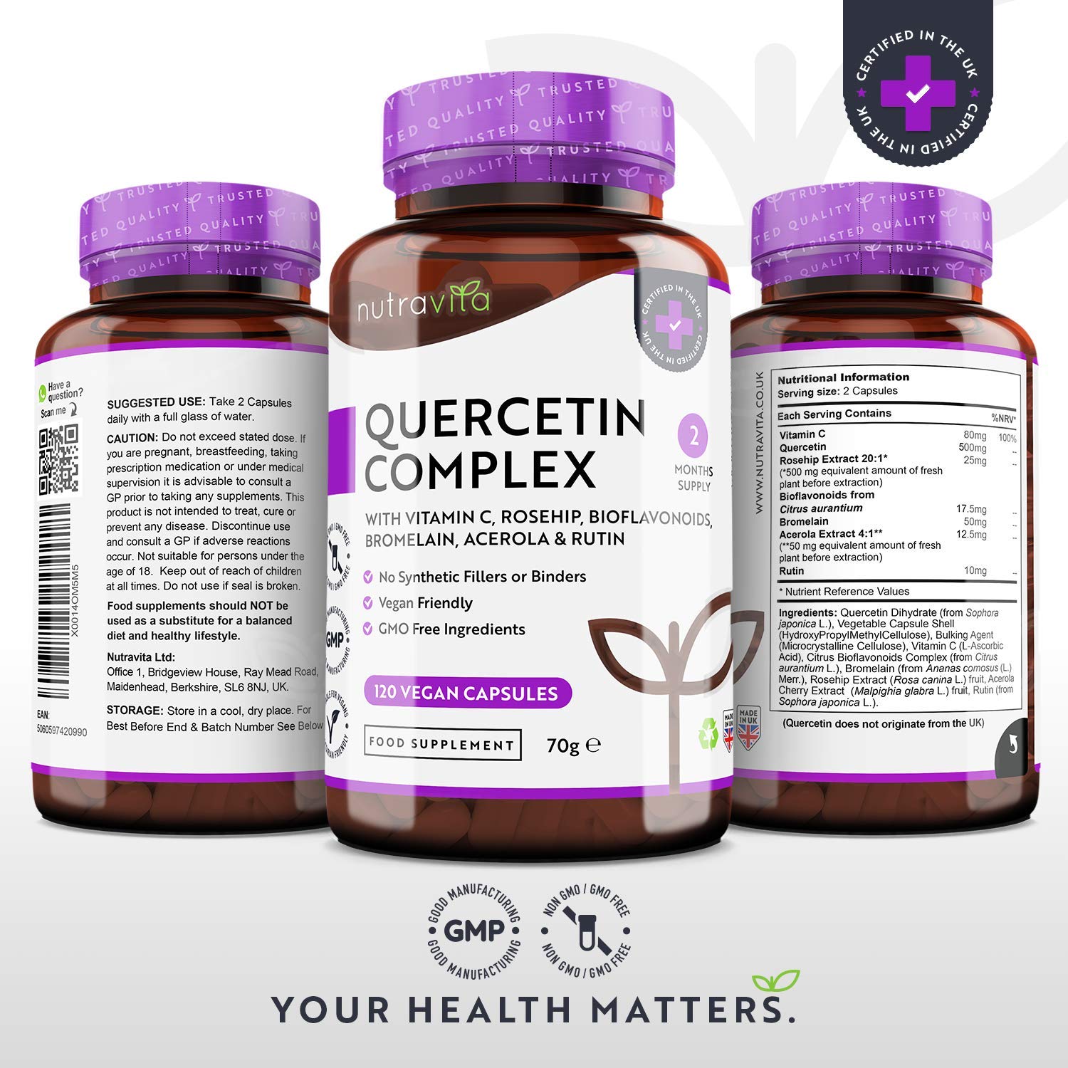Quercétine 500 mg − 120 gélules vegan - Testé en laboratoire - Mélangées avec Vitamine C 80mg − Naturellement fait à partir d'extrait de fleur de cordage japonais - Dose élevée - Nutravita