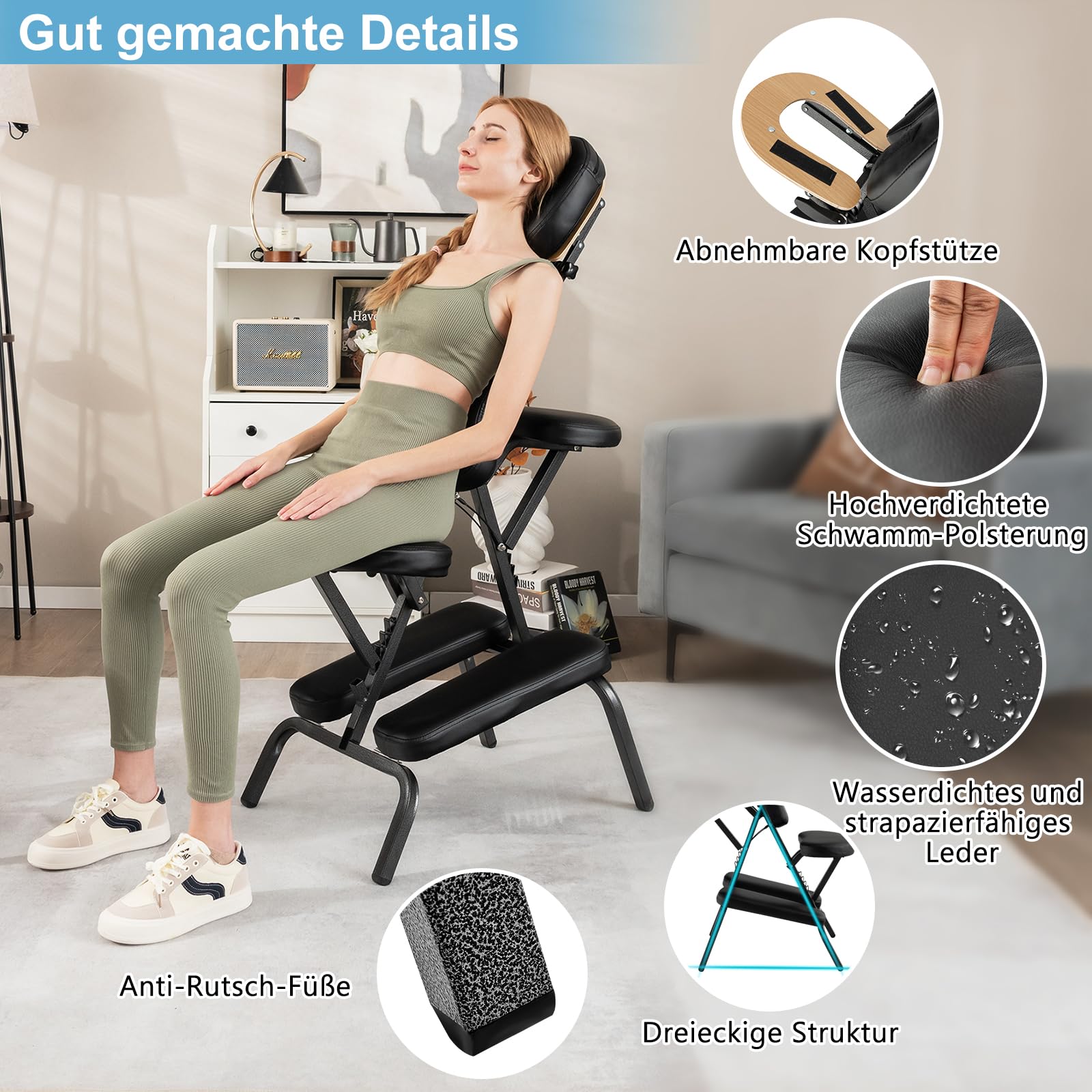 RELAX4LIFE Massagestuhl Klappbar Höhenverstellbar Therapiestuhl mit Verstellbarer Bruststütze Armablage Kopfstütze Sitz bis 160 kg Schwarz