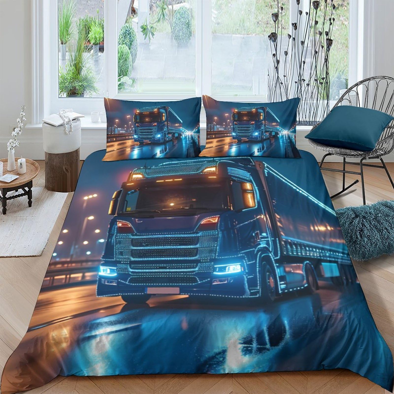 Ctjqhvkz Style-6 3D Printed Blue Truck Fitted Sheet Microfiber Soft Breathable Night Highway Bed Cover For Bedroom Dorm Mattress Protection Decor Single（135X200cm）