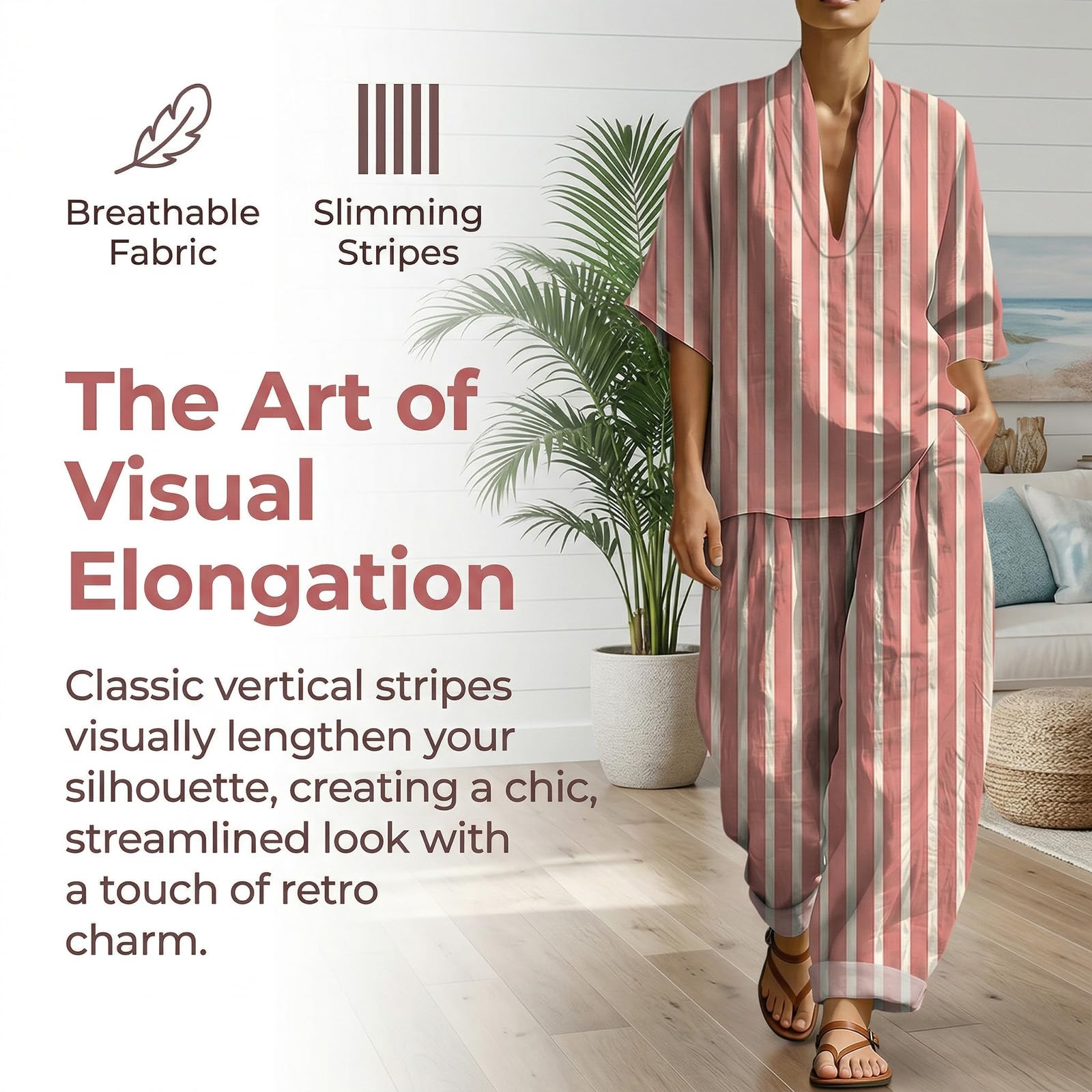 Ensemble Femme Chic et Elegant en Lin Coton - 2 Pièces Décontracté Haut Col en V et Pantalon Large à Imprimé Vetement Femme Été Respirant Leger pour Vacances Loungewear