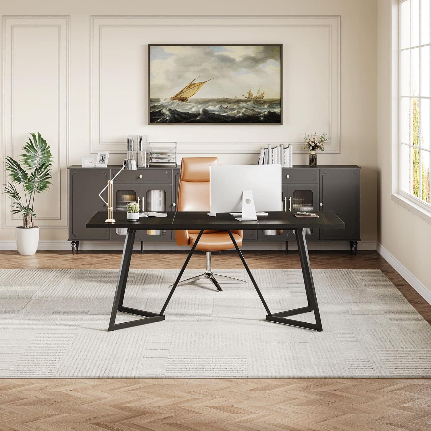 LITTLE TREE 70.86-Inch Conference Table for 8, Black Conference Room Table with Metal Base, Modern 5.9 ft Rectangular Table for Boardroom, Meeting, Conference Room