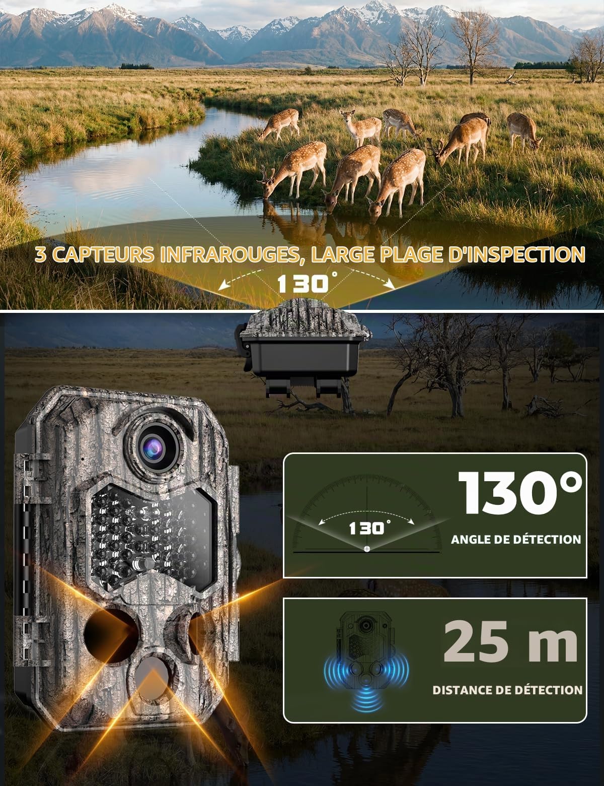 Caméra de Chasse,Vidéo 4K H.264 60MP, Batterie Rechargeable 10000 mAh, WiFi Camera Chasse avec Carte SD Intégrée, Camera Infrarouge Vision Nocturne, Détecteur De Mouvement, Grand Angle 130°