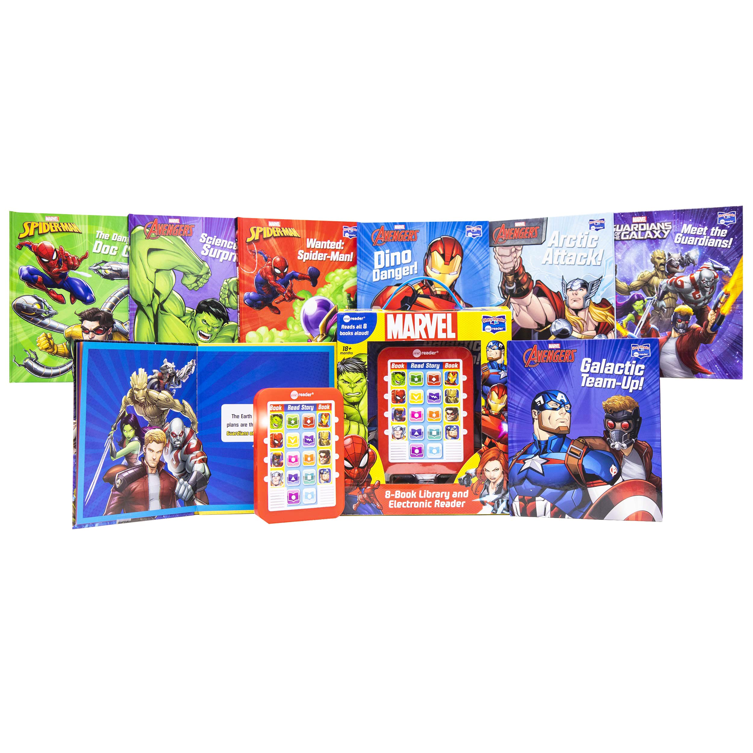 Marvel Superheroes Me Reader elektroniczny czytnik 8 książek, zestaw książek Marvel Avengers dla małych dzieci, z Iron Manem, Hulkiem, Spidermanem i innymi, z naklejkami (zabawki edukacyjne Marvel)