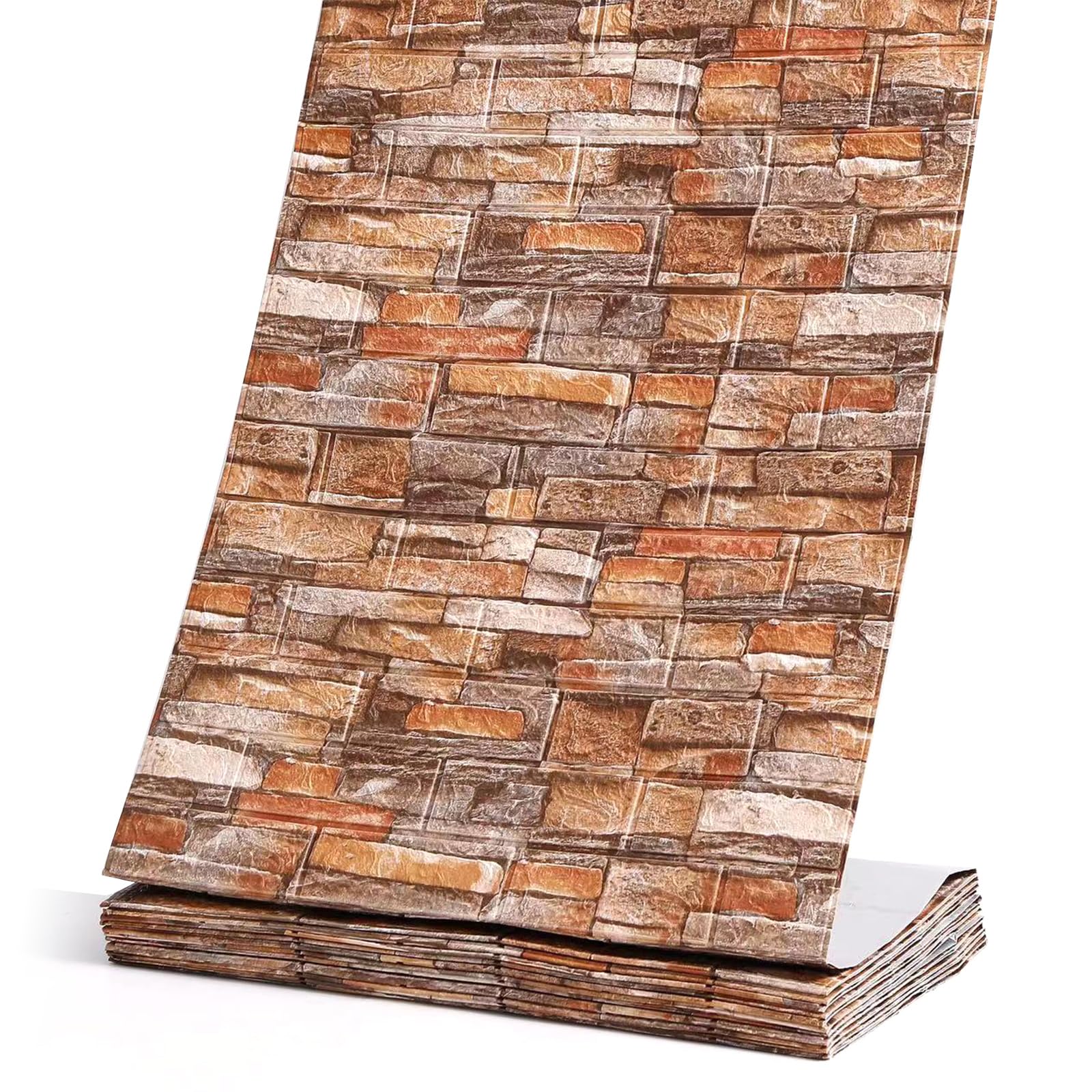 Panneaux muraux autocollants 3D, 10M Papier Peint Aspect Brique Pierre Plié en Continu, Carreaux Muraux Étanches à Décoller et Coller pour Chambre Salle de Bain Cuisine (Rouge Brique)
