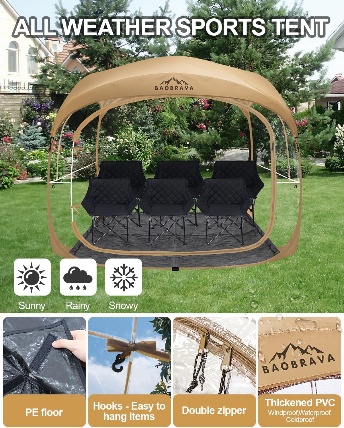 Baobrava Pop Up Sports Tent - Thick PVC, Scratch-Resistant Bubble Clear Tent, Instant Weather Proof Pod with Extra Top Cover for Soccer, Football Games, Outdoor Events, 5-6 Person