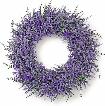 TOCHGREEN 23 Inch Lavender Wreath for Front Door Artificial Spring Summer Purple Lavender Floral Wreaths All Seasons Eucalyptus Wreaths for Indoor Outdoor Outside Wall Home Farmhouse Window Decor