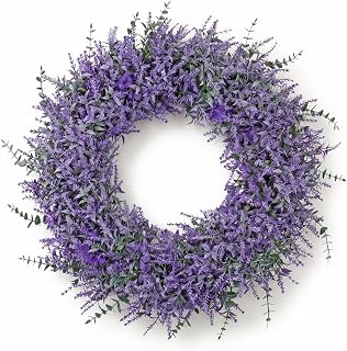 TOCHGREEN 23 Inch Lavender Wreath for Front Door Artificial Spring Summer Purple Lavender Floral Wreaths All Seasons Eucalyptus Wreaths for Indoor Outdoor Outside Wall Home Farmhouse Window Decor