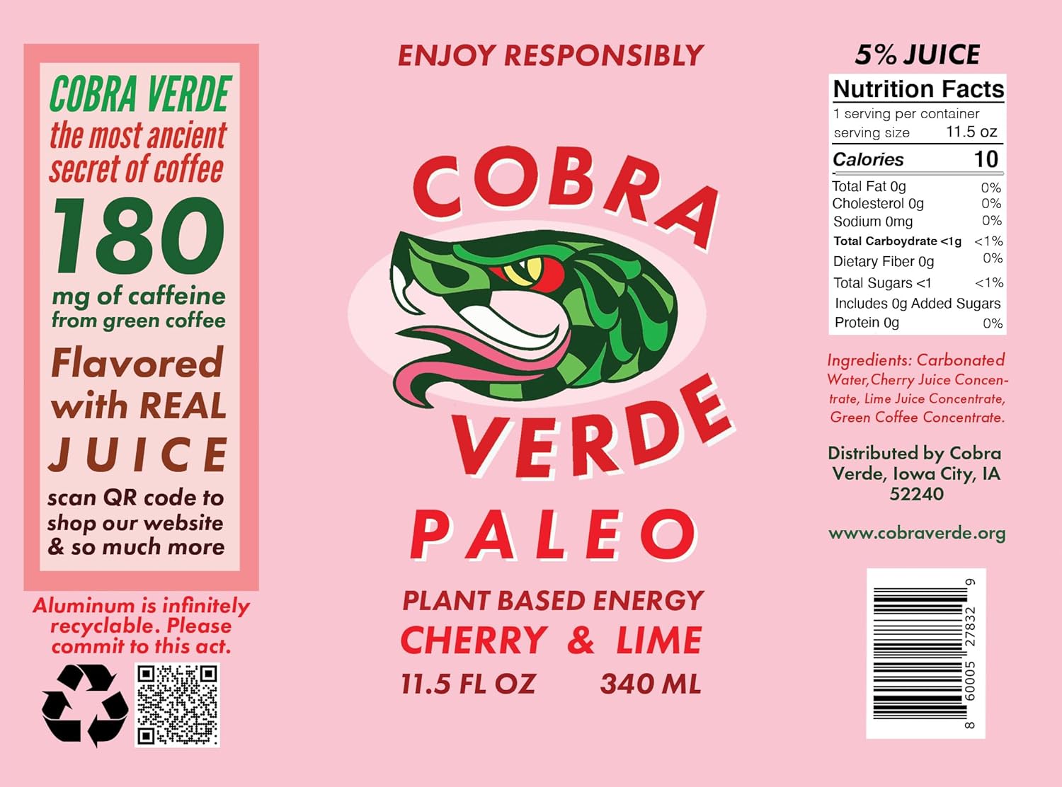 Paleo Verde Sparkling Green Coffee Lime & Cherry Caffeinated Seltzer