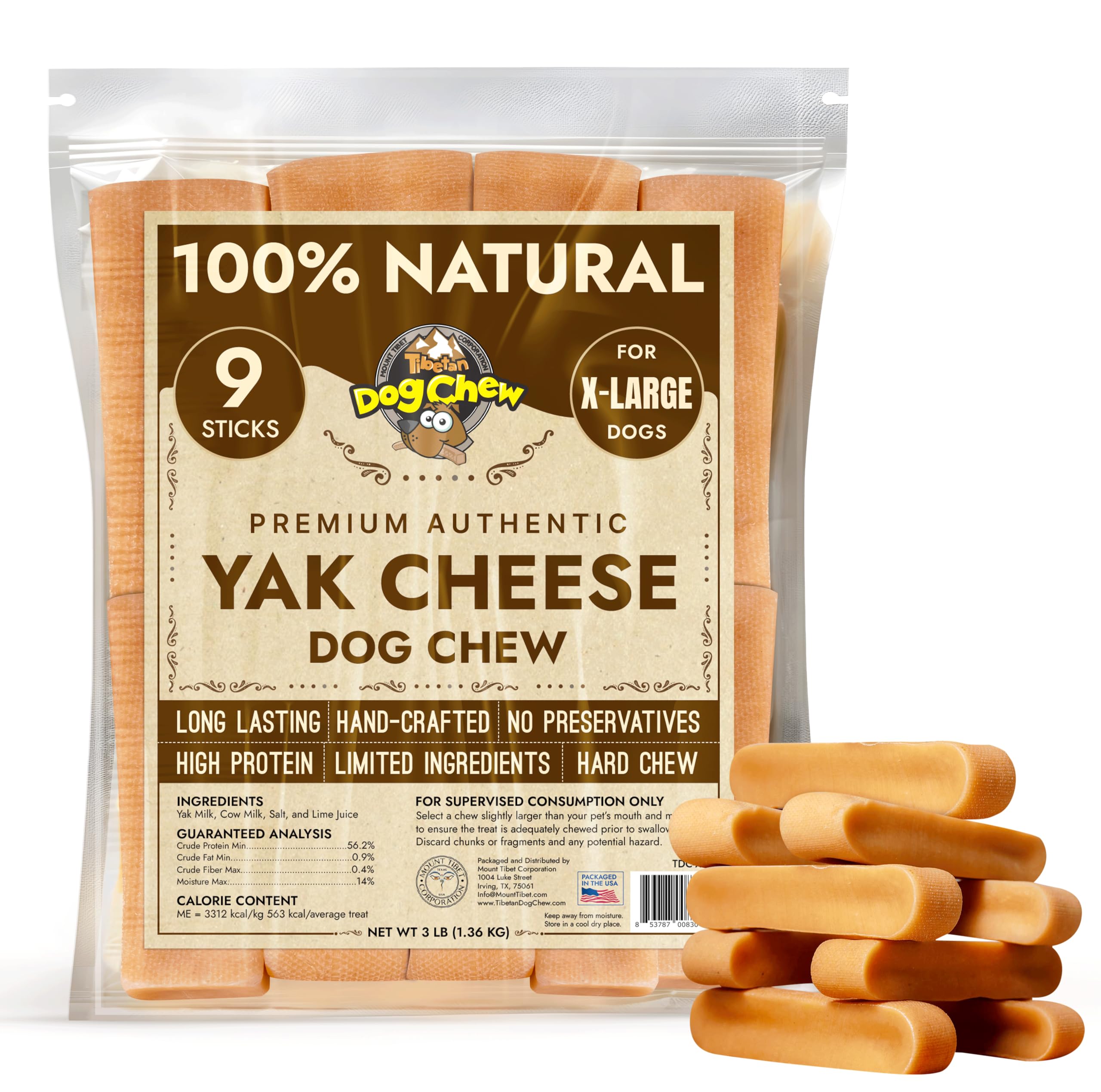 Tibetan Dog Chew Yak Cheese Sticks - Natural Treats for Extra Large Dogs, Long-Lasting, Easy Digest, Perfect for Aggressive Chewers, Grain and Gluten-Free, 9 Durable Chews