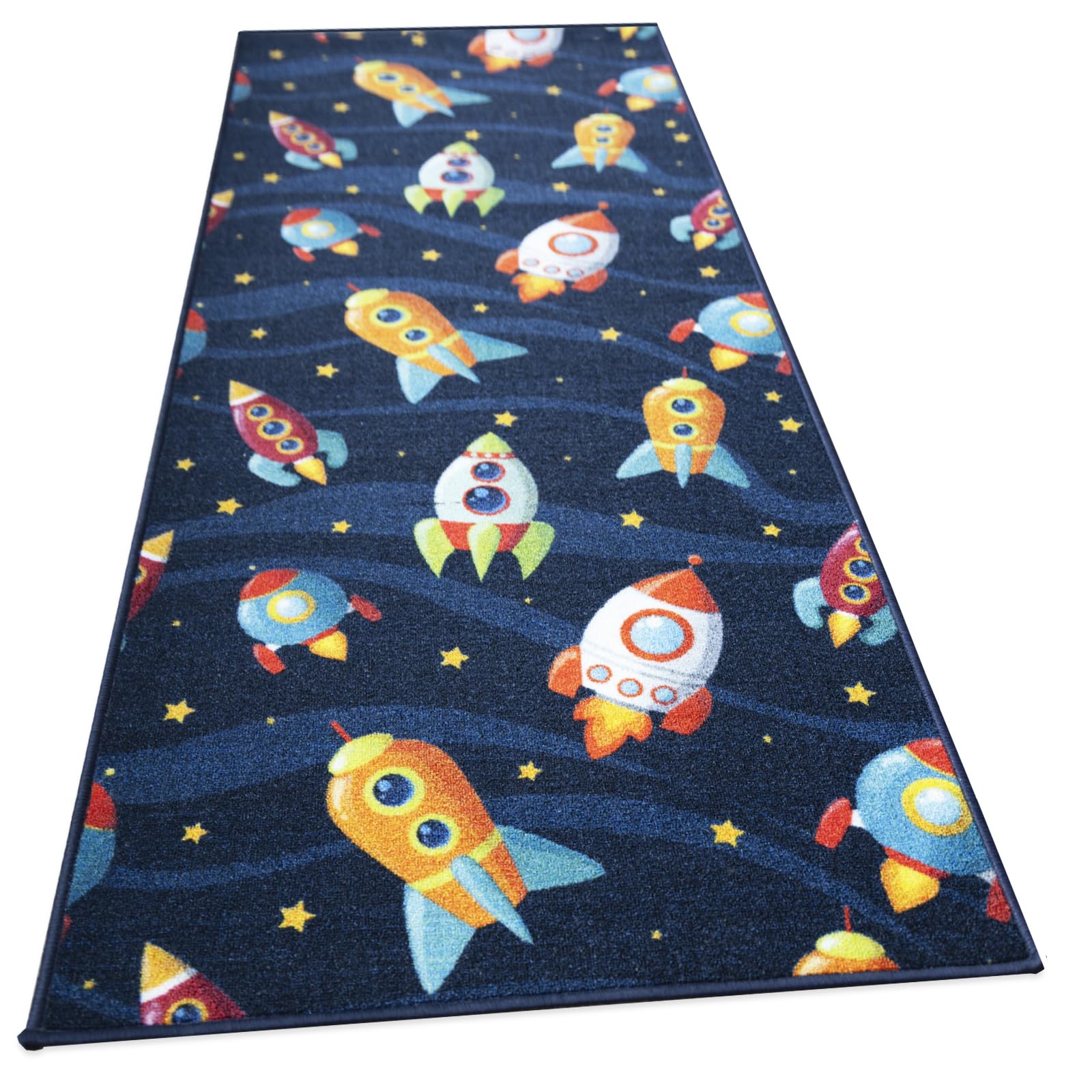 KARAT Alfombra infantil, para habitación y pasillo, antideslizante, resistente y fácil de cuidar, 80 x 200 cm, azul (lindos cohets)