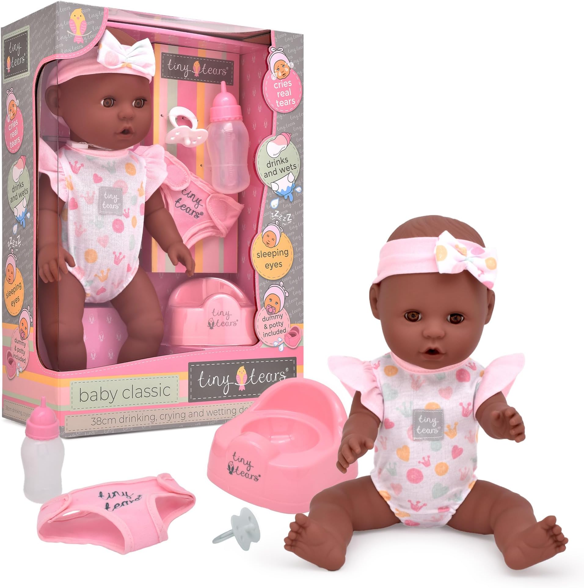 John Adams, Tiny Tears - Baby Classic Black Doll - 38cm crying and wetting hard body doll: One of the UK's best loved doll brands, Nurturing Dolls, Ages 18m+